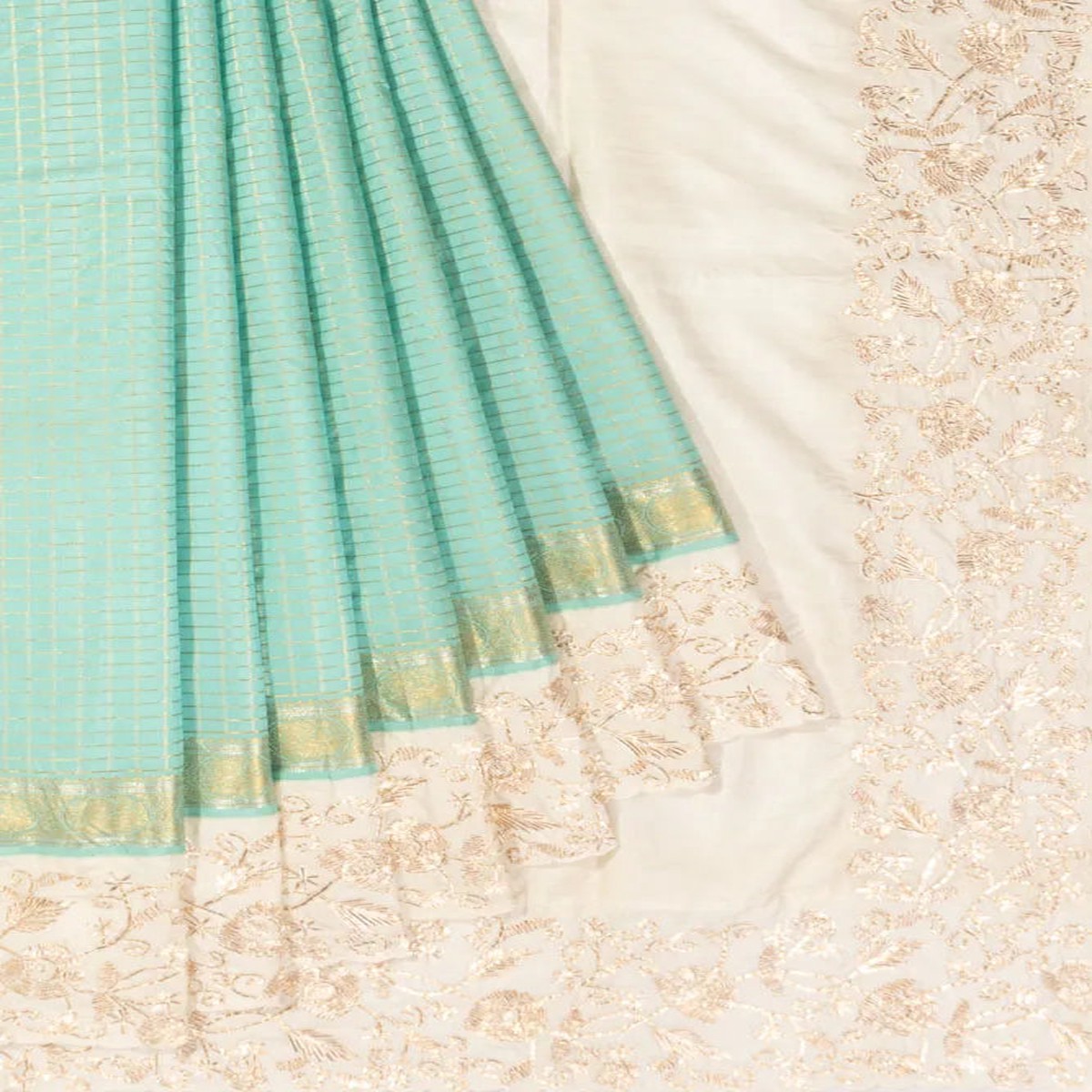 Kanchipuram Silk Checks Sea Green Saree With Gota Patti Border