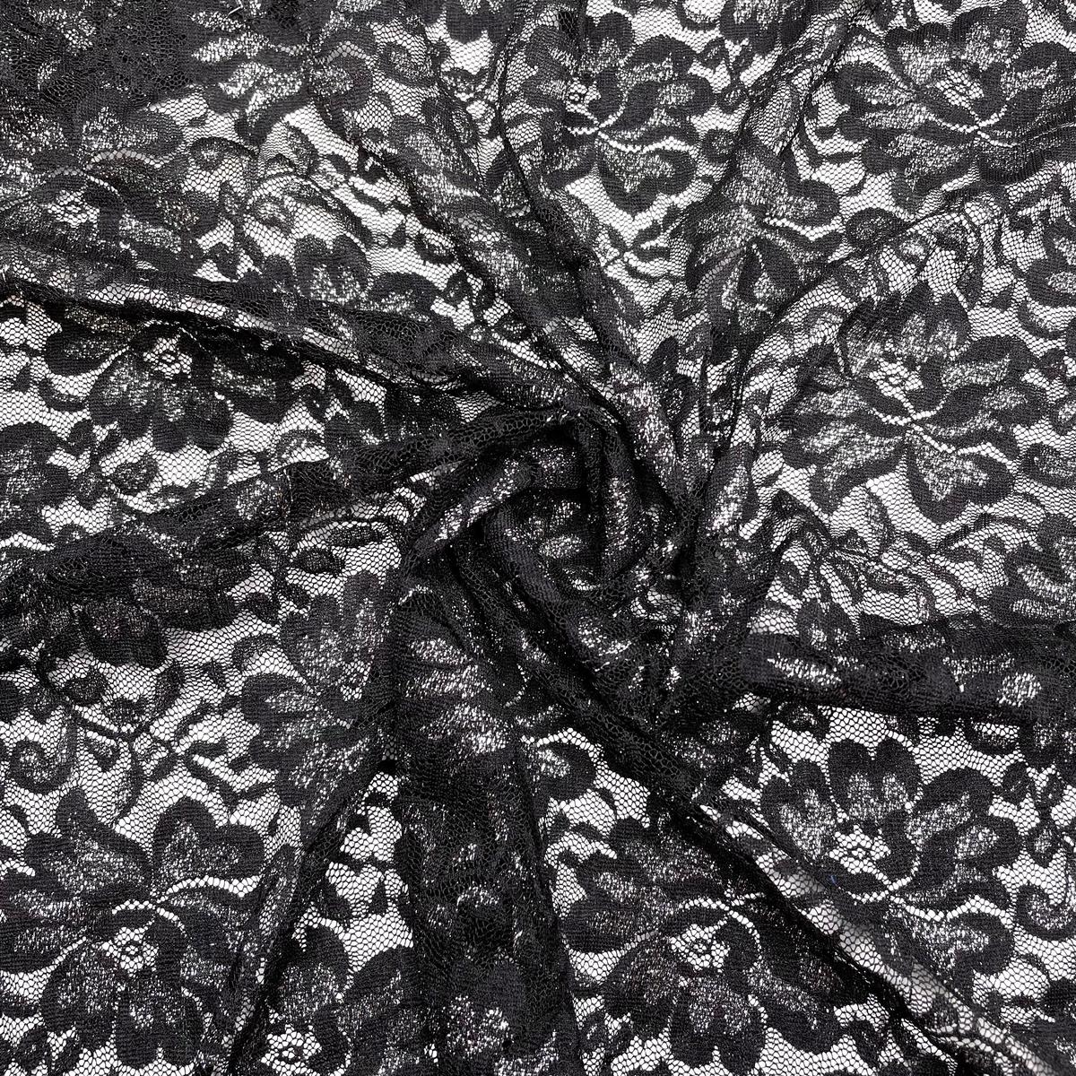 Gilded Petals - Metallic Lace Poly/Spandex Knit - Black/Silver Floral - 1M Bundle