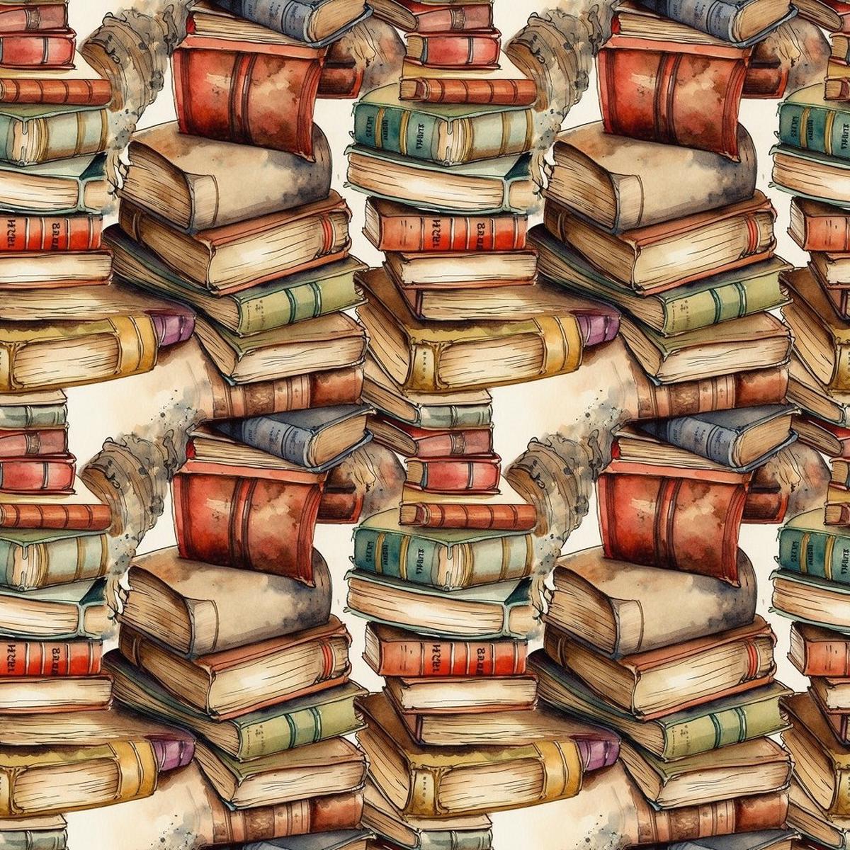 Whimsical Messy Stacked Books 5 Fabric