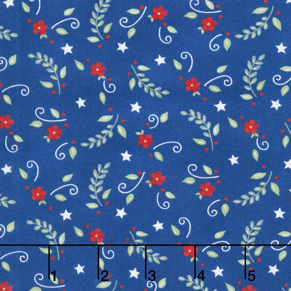 Red, White & Bloom - Flower And Leaves Midnight Blue Yardage