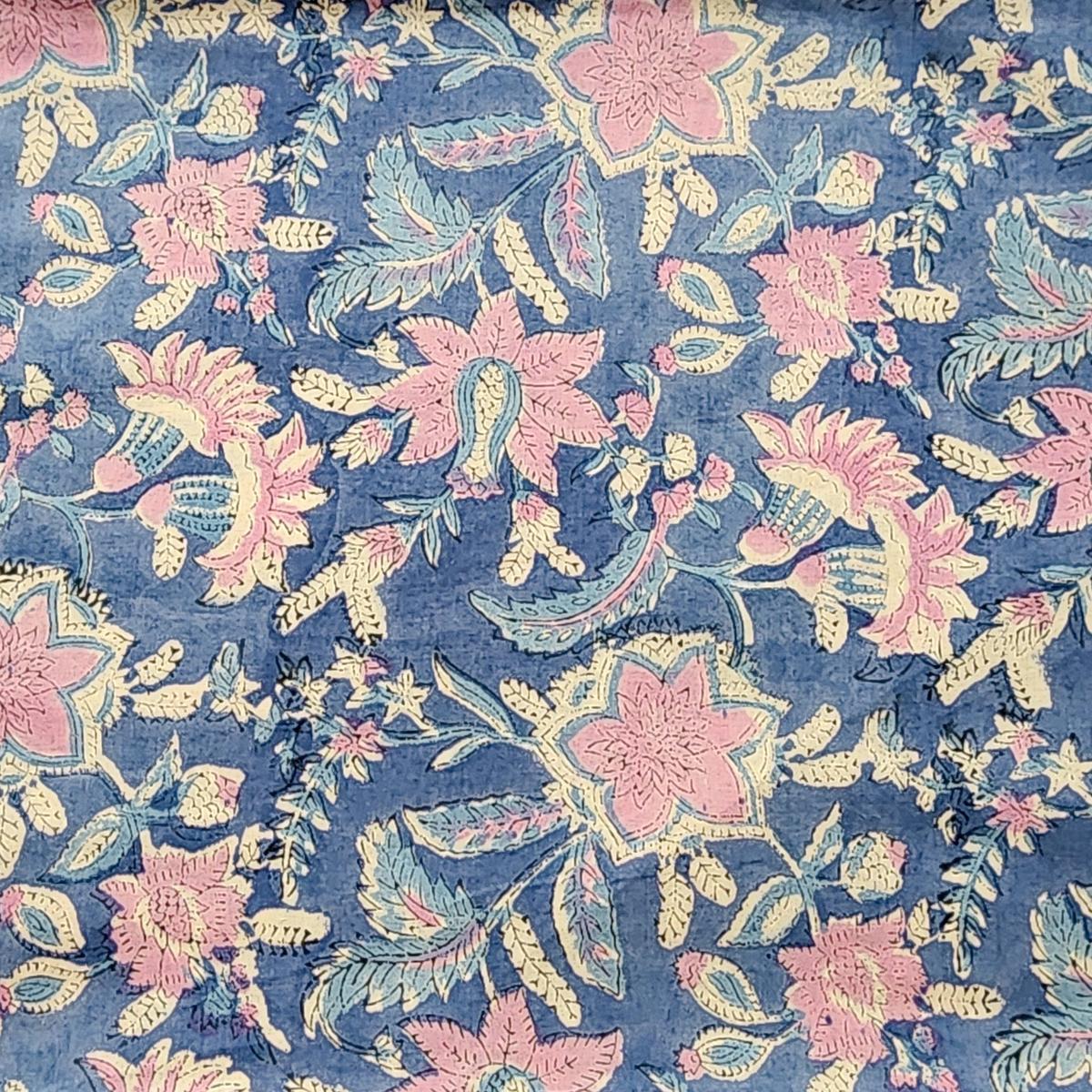 Pure Cotton Jaipuri Blue With Dusky Pink Flower Jaal Hand Block Print Fabric
