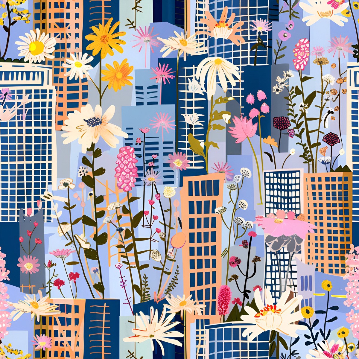 Vintage Cityscape Wildflowers Pattern 13 Quilting Cotton Fabric