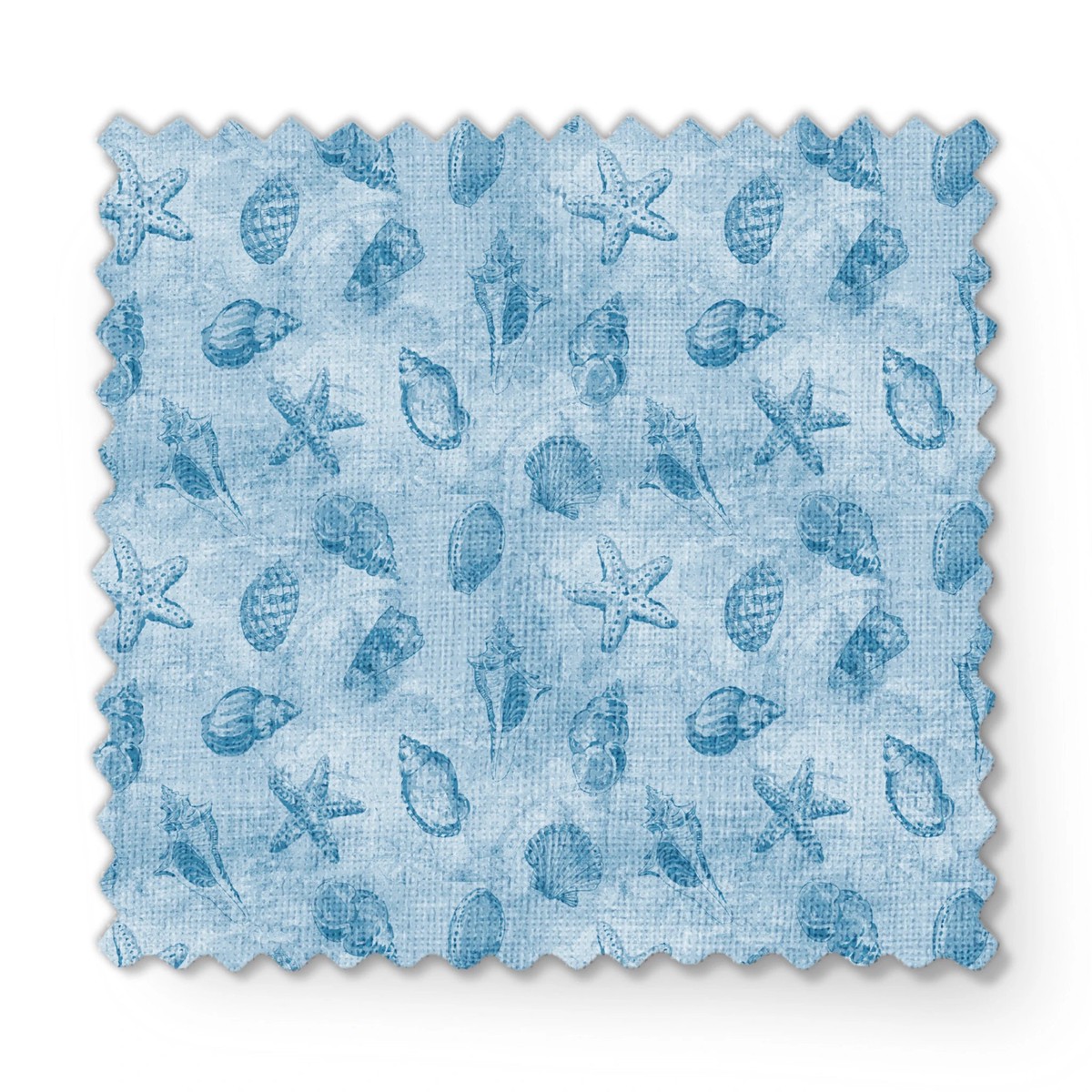 Shells and Starfish on Blue Fabric