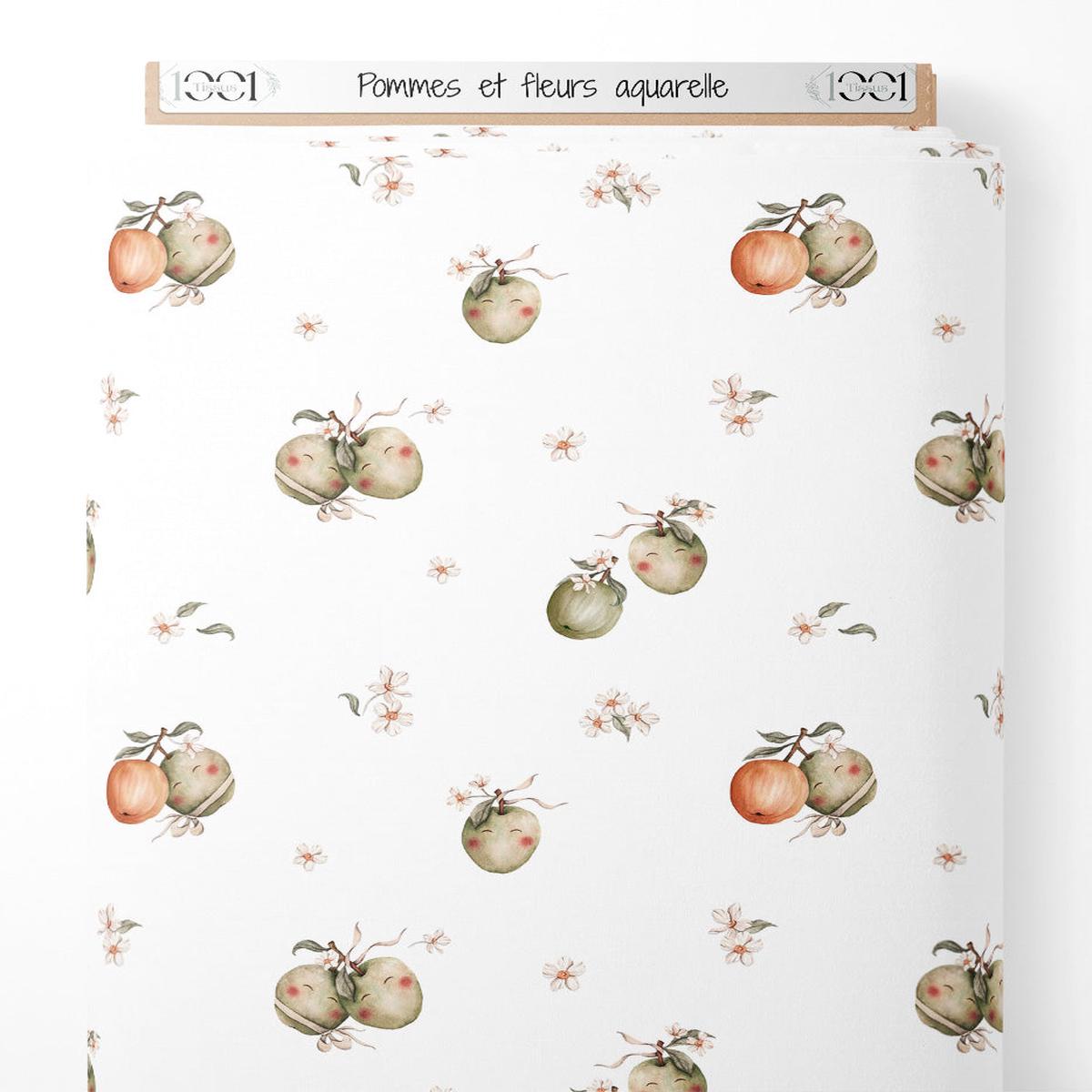 Tissu - Pommes et fleurs aquarelle
