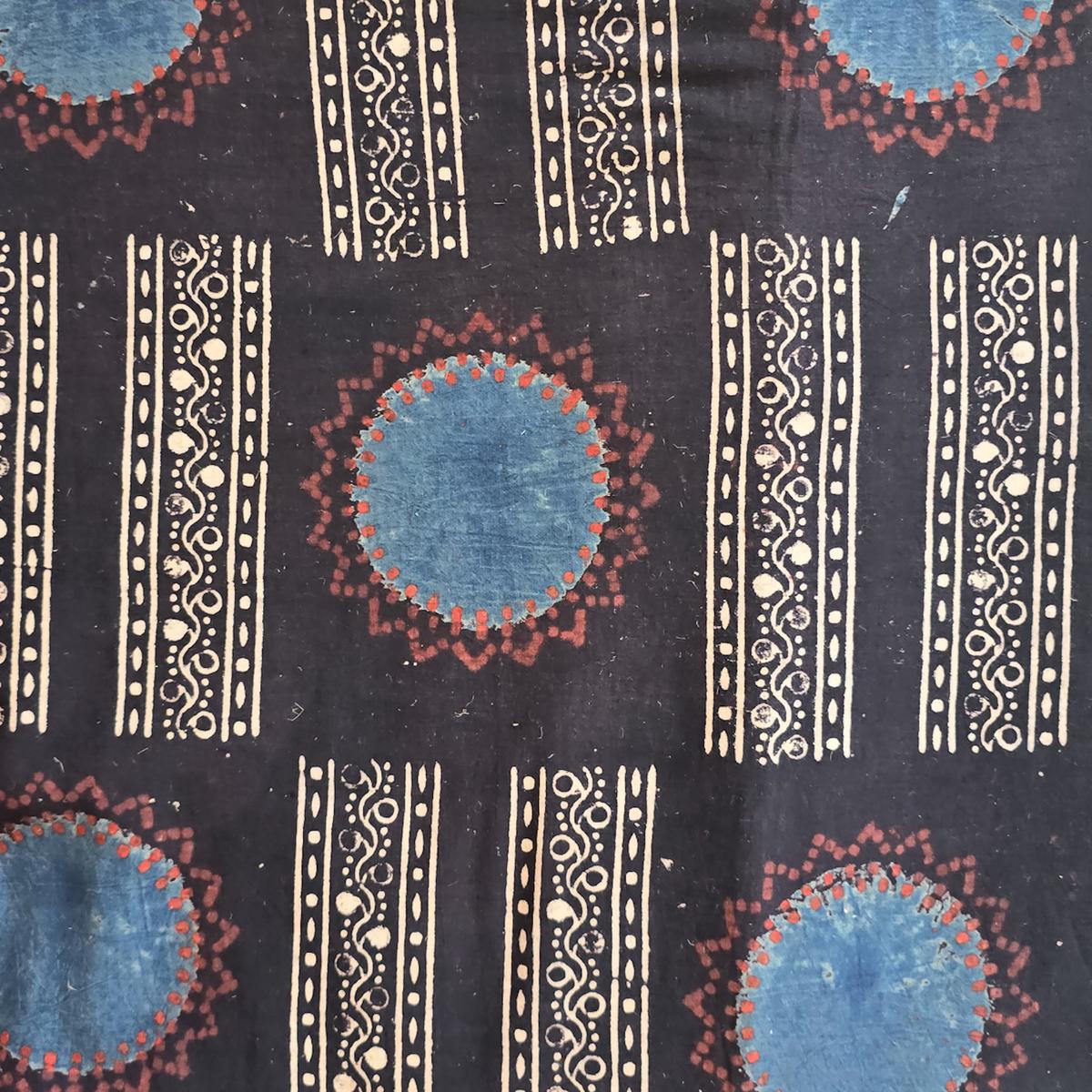 Pure Cotton Ajrak Black With Blue Flower Design Pattern Hand Block Print Fabric