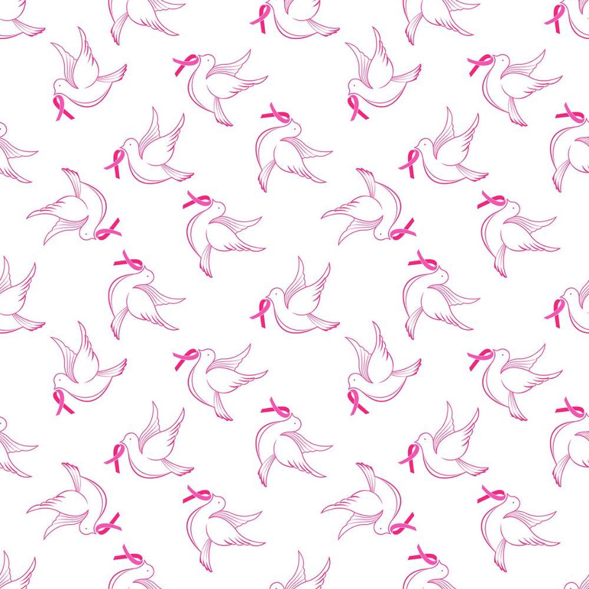 Birds with Pink Ribbons in Mouth Fabric - White