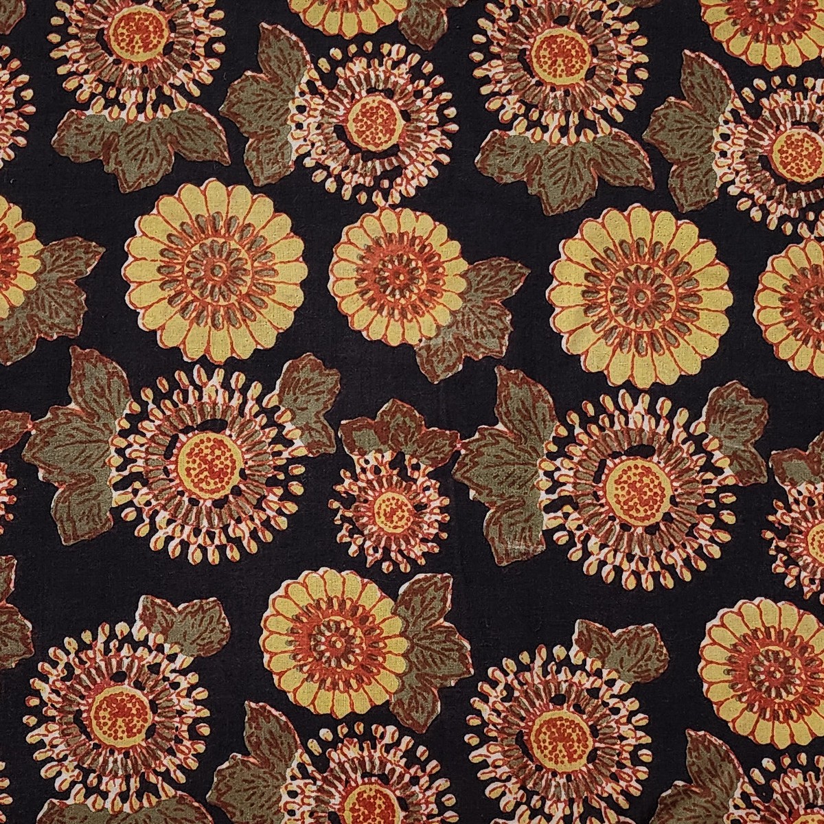 Pure Cotton Bagru Black With Yellow Flower Hand Block Print Fabric
