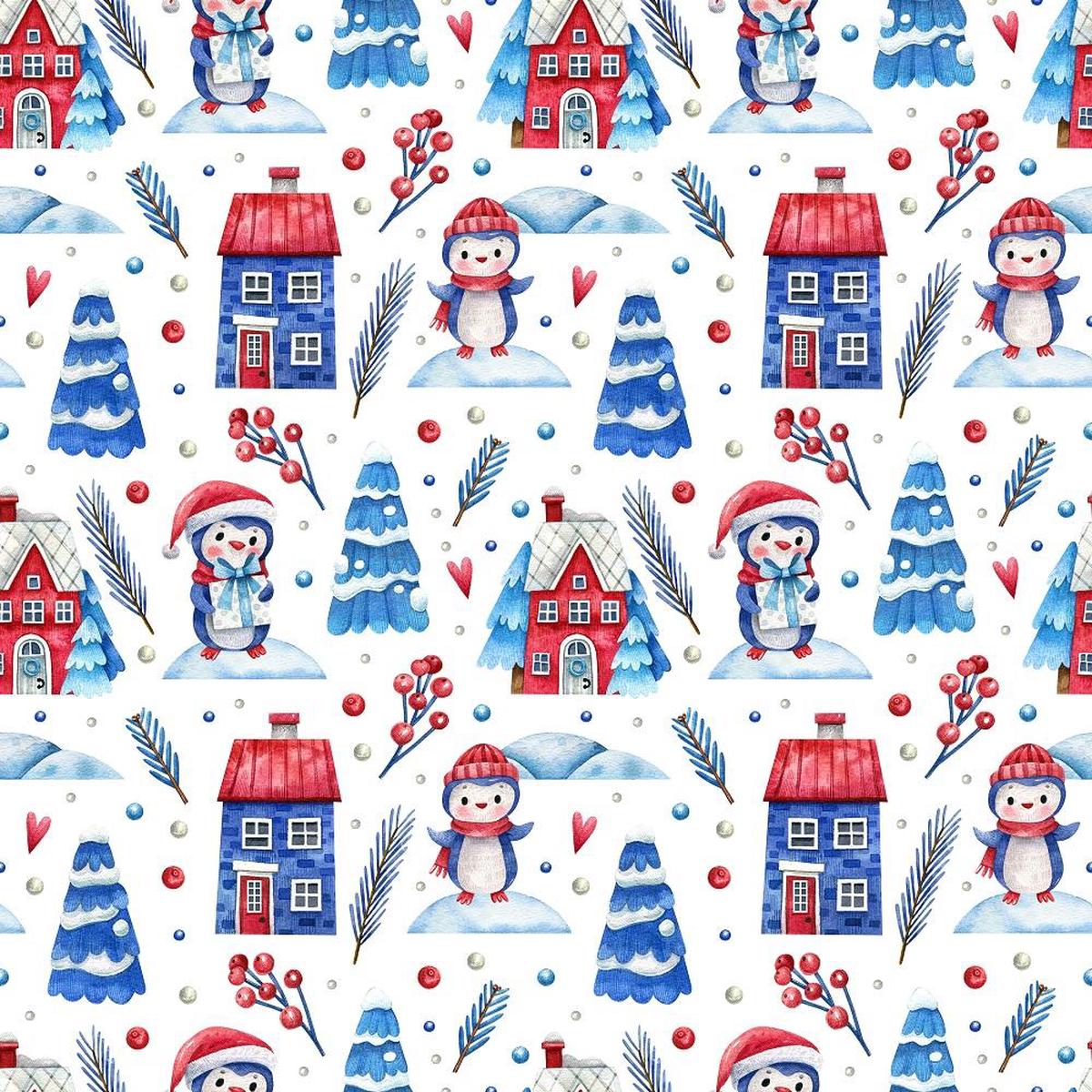 Cute Watercolor Penguins & Presents Fabric