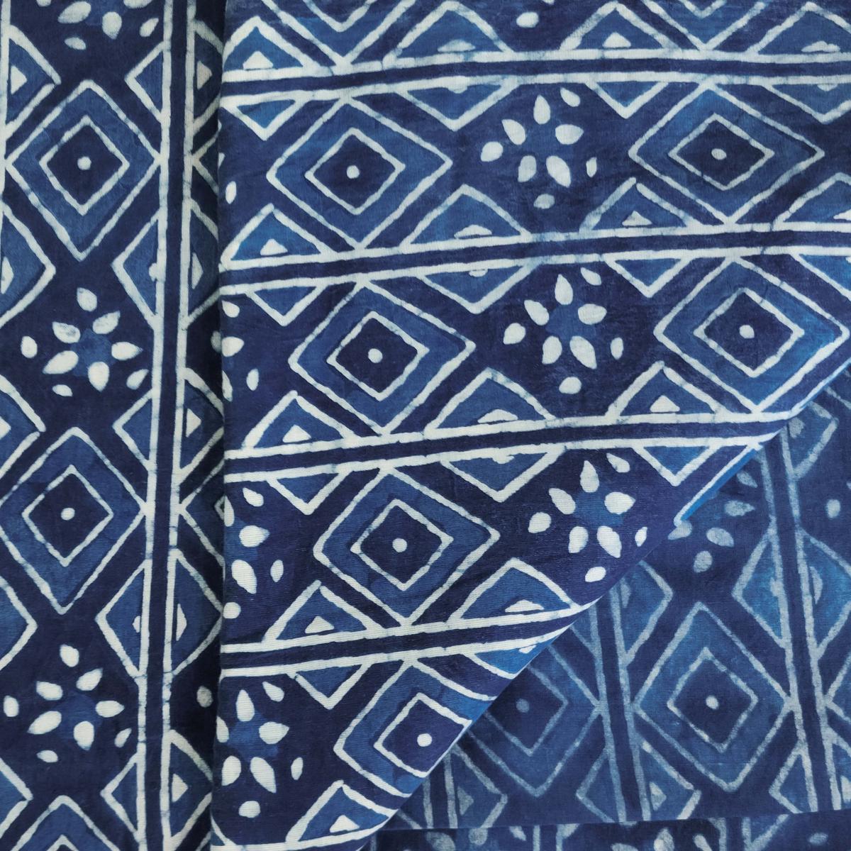 Pure Cotton Indigo White Intricate Design Border Hand Block Print Fabric