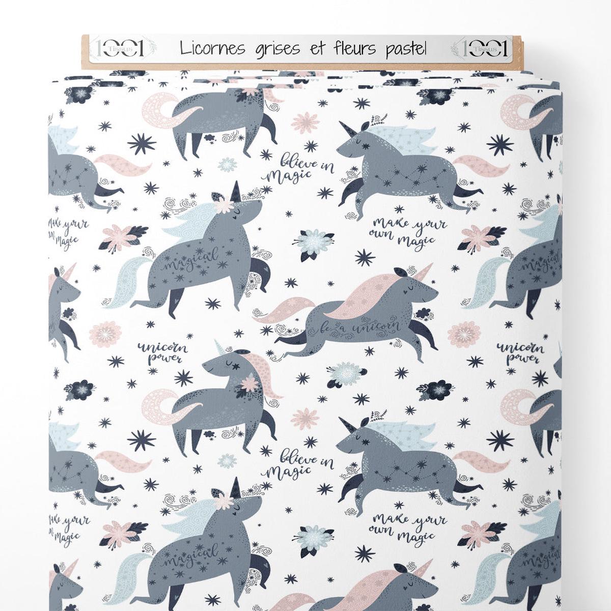 Tissu - Licornes grises et fleurs pastel