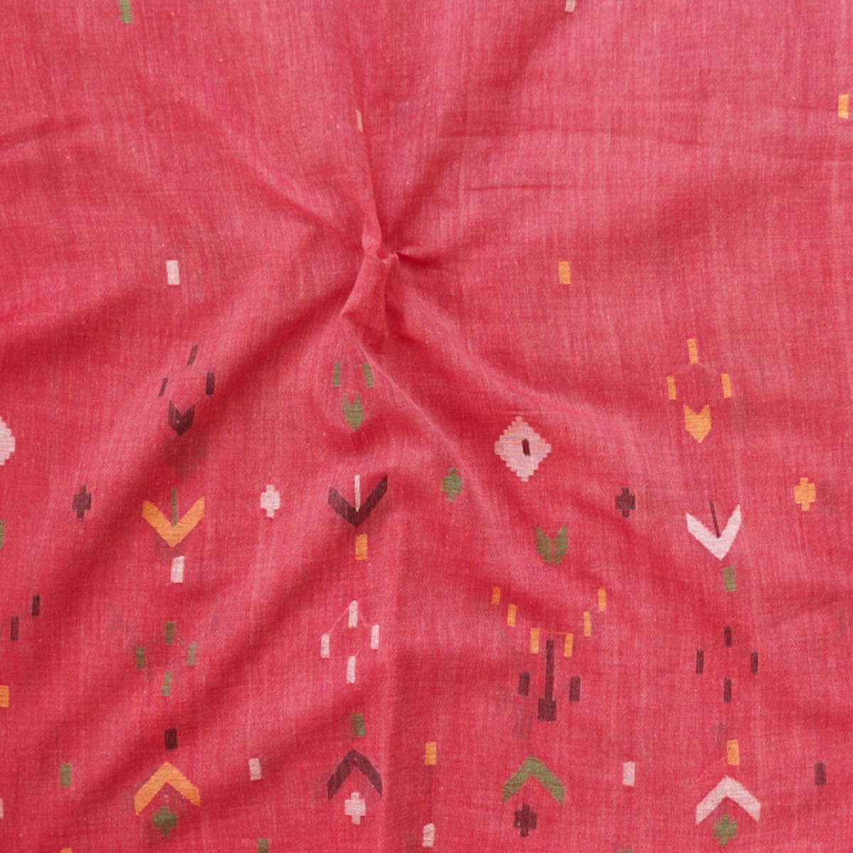 Mul Jamdani Peach With Yellow Big Border And Design Woven Fabric