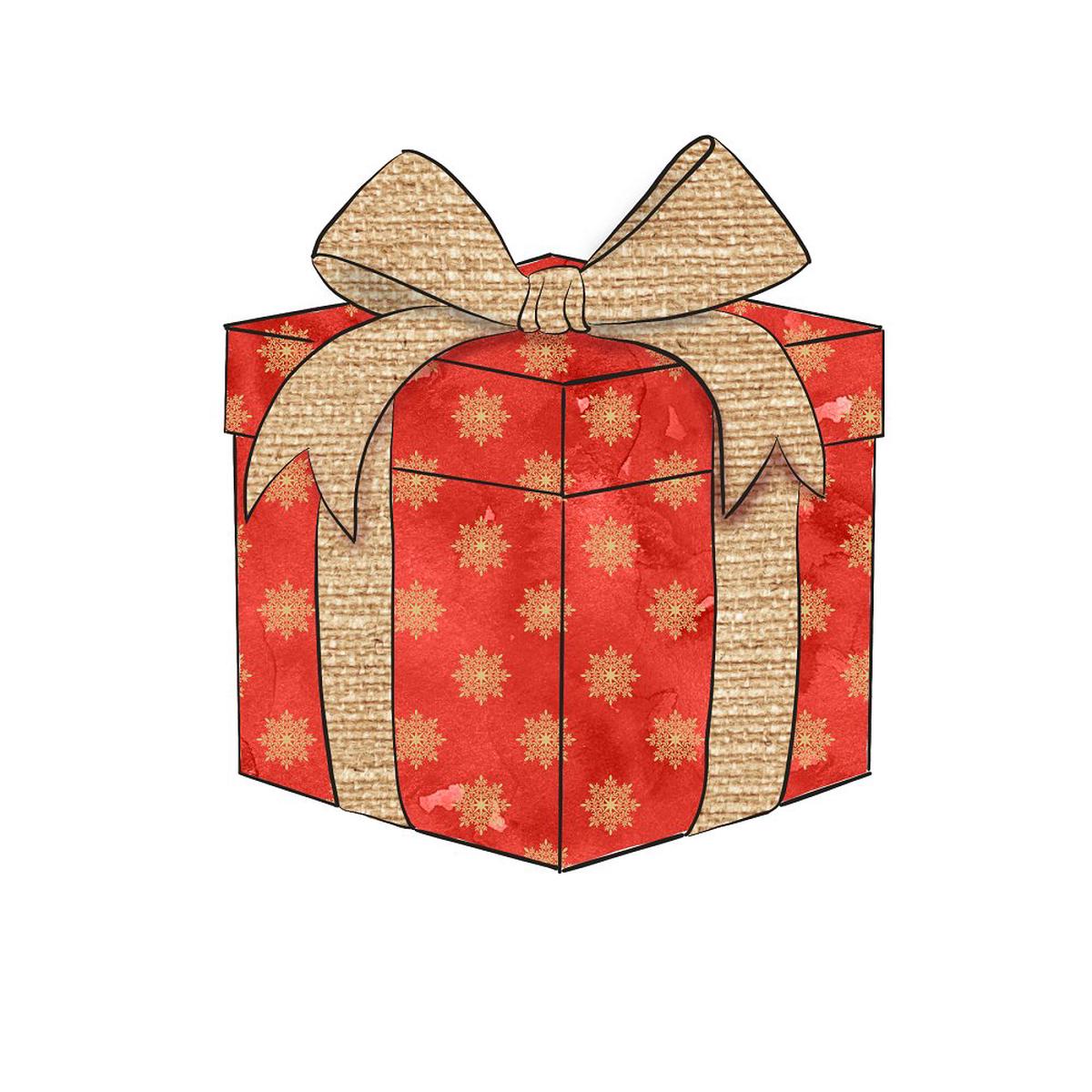 Christmas Gift Box Fabric Panel - Red Tan