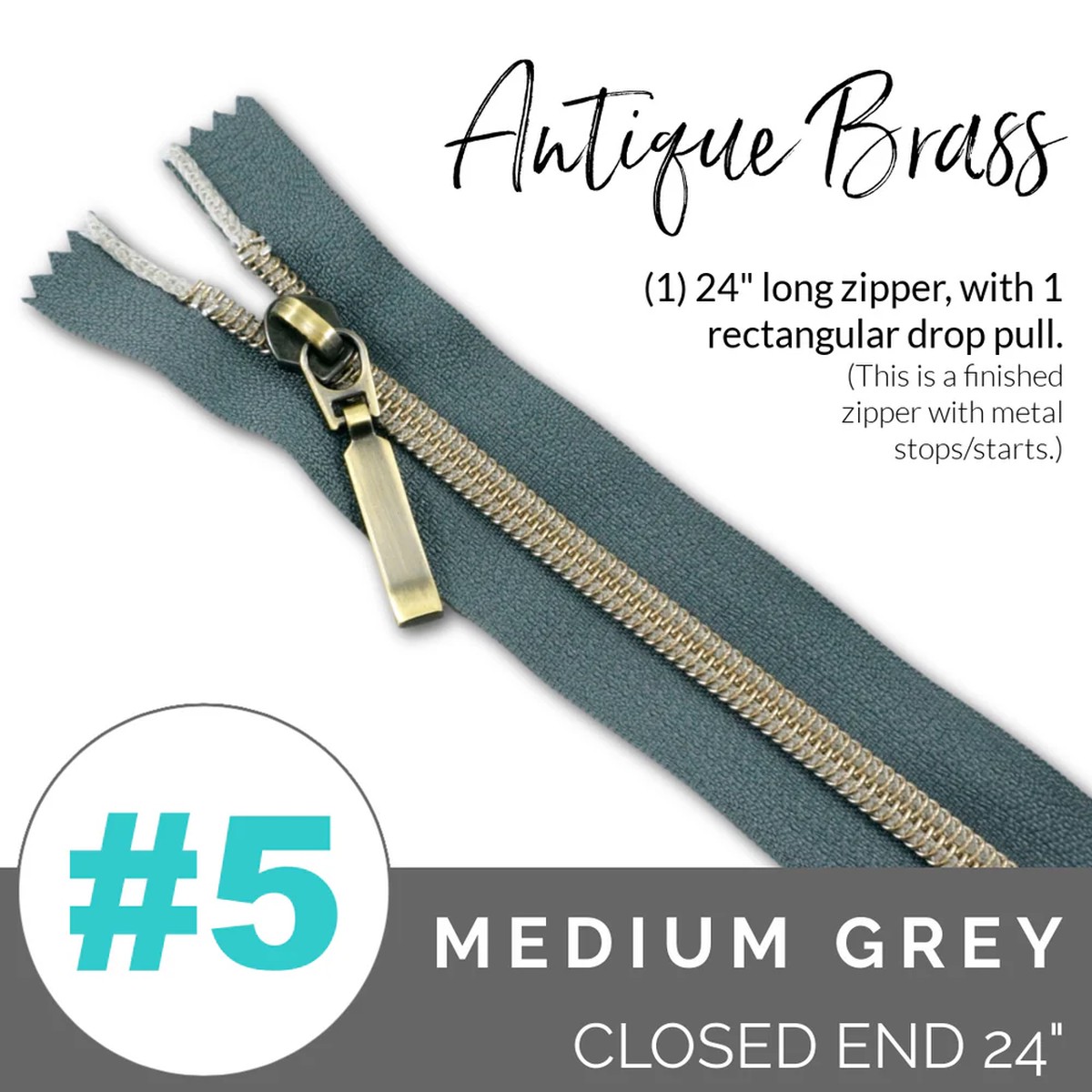 Emmaline #5 24in Zipper Medium Grey Tape With Antique Brass Coil