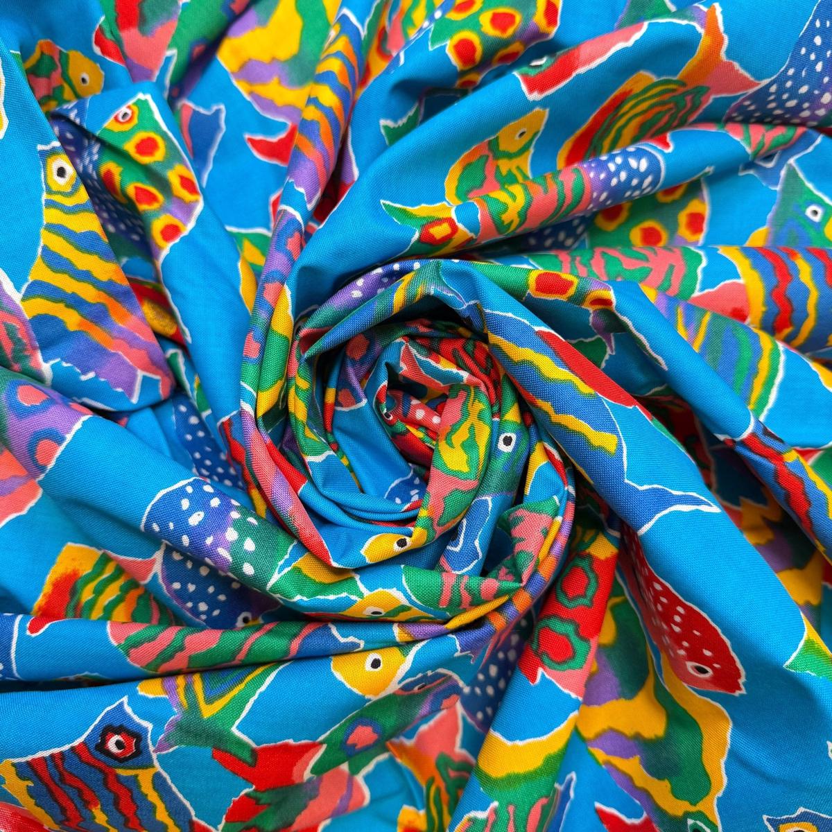Party At The Aquarium - Vintage Cotton Woven - Blue Multi Fish - 3.2M Bundle