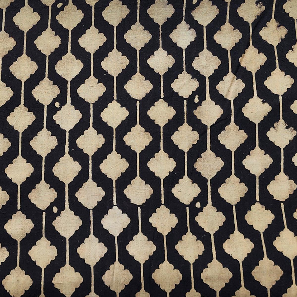 Pure Cotton Ajrak Black With Cream Creeper Hand Block Print Fabric