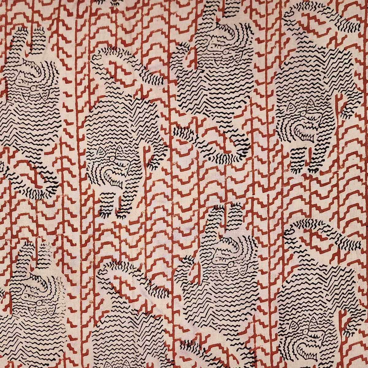 Pure Cotton Bagru Cream With Rust Red And Black Tiger Hand Block Print Fabric