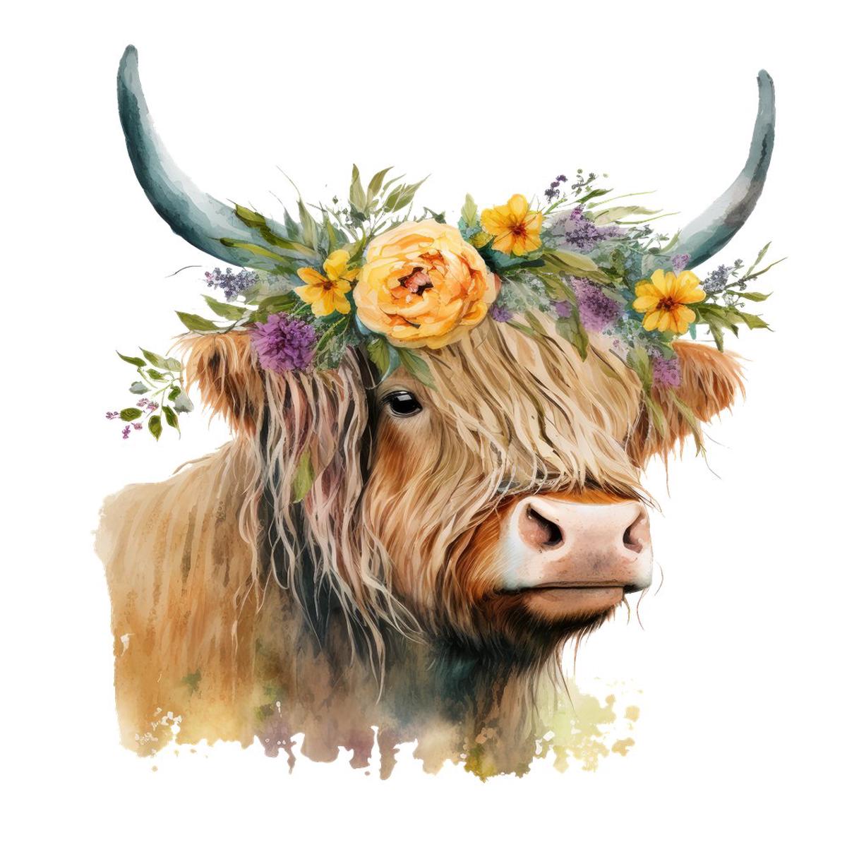 Watercolor Floral Highland Cow 9 Fabric Panel