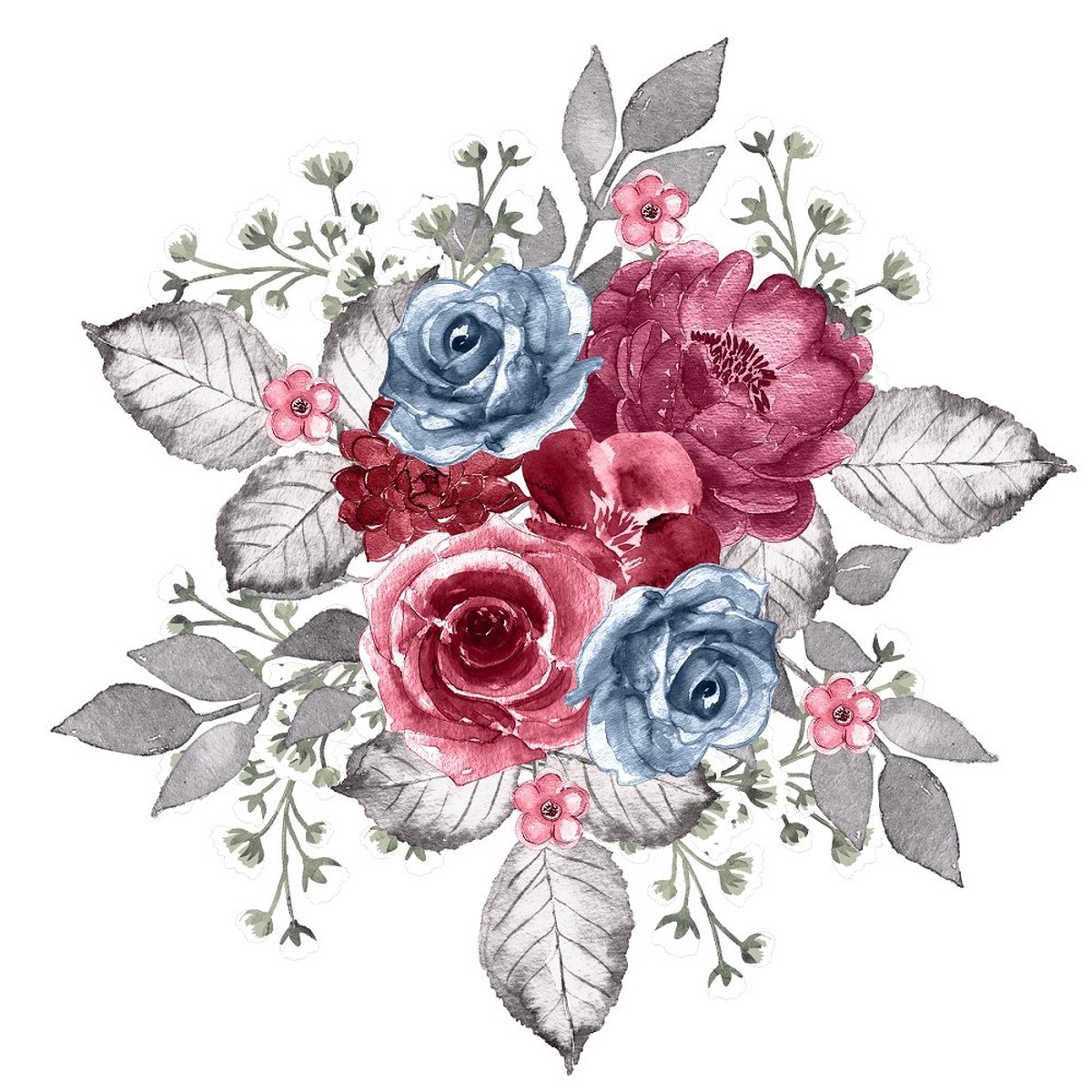 Dusty Blue and Burgundy Feathers Floral Bouquet Fabric Panel
