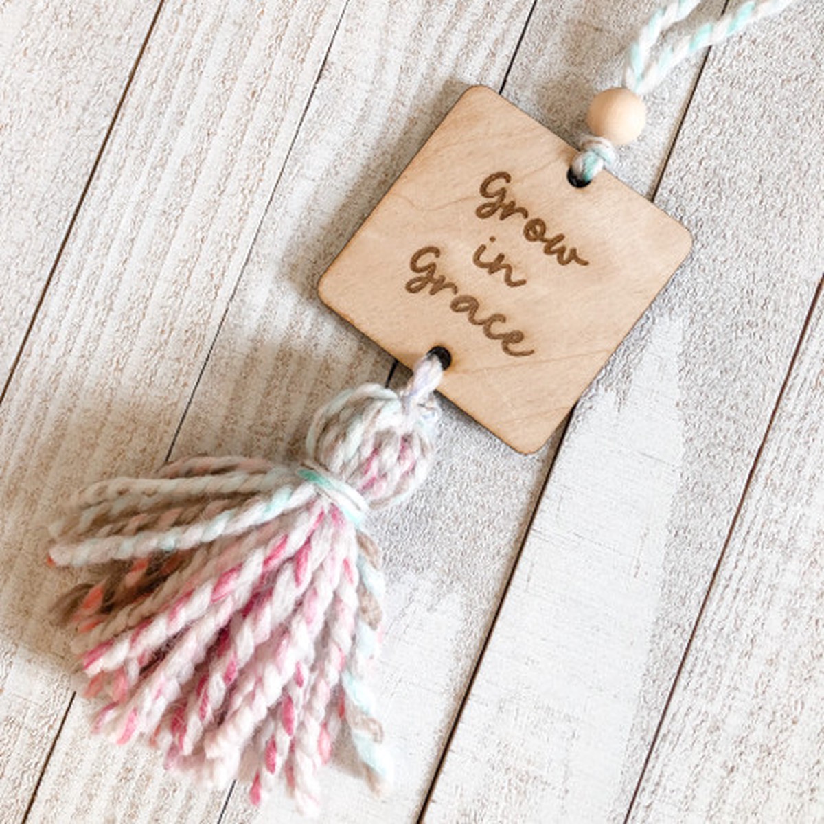 Grow in Grace wood car charm with handmade yarn tassel, Inspirational car charm