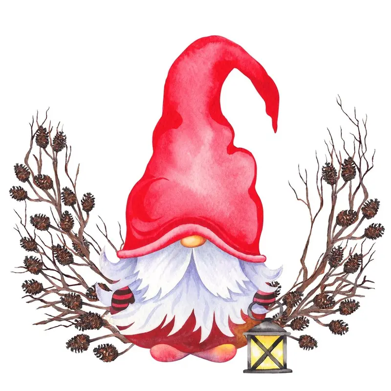Forest Gnome With Pine Wreath Fabric Panel - White