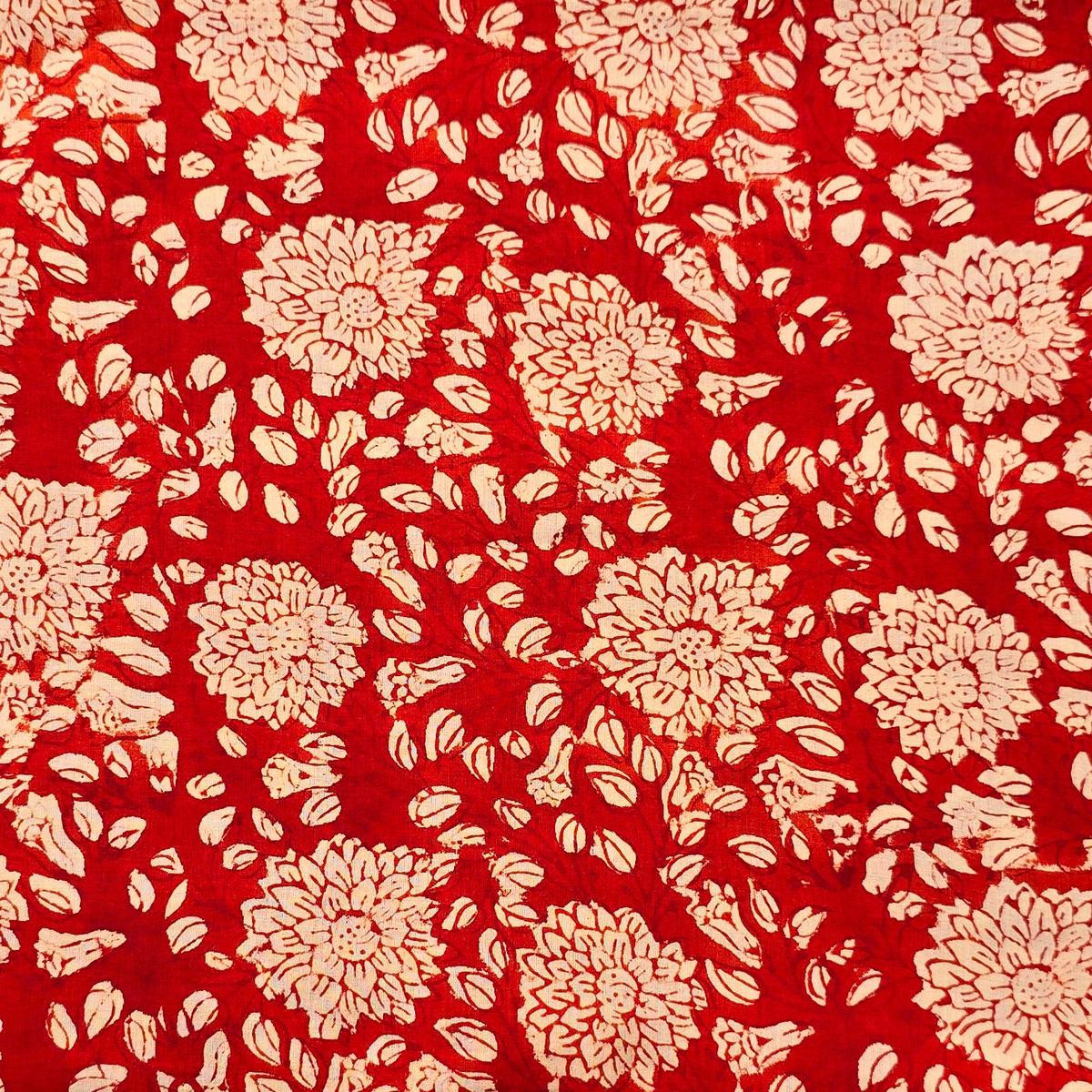 Pure Cotton Mul Bagru Red With Cream Flower Hand Block Print Fabric
