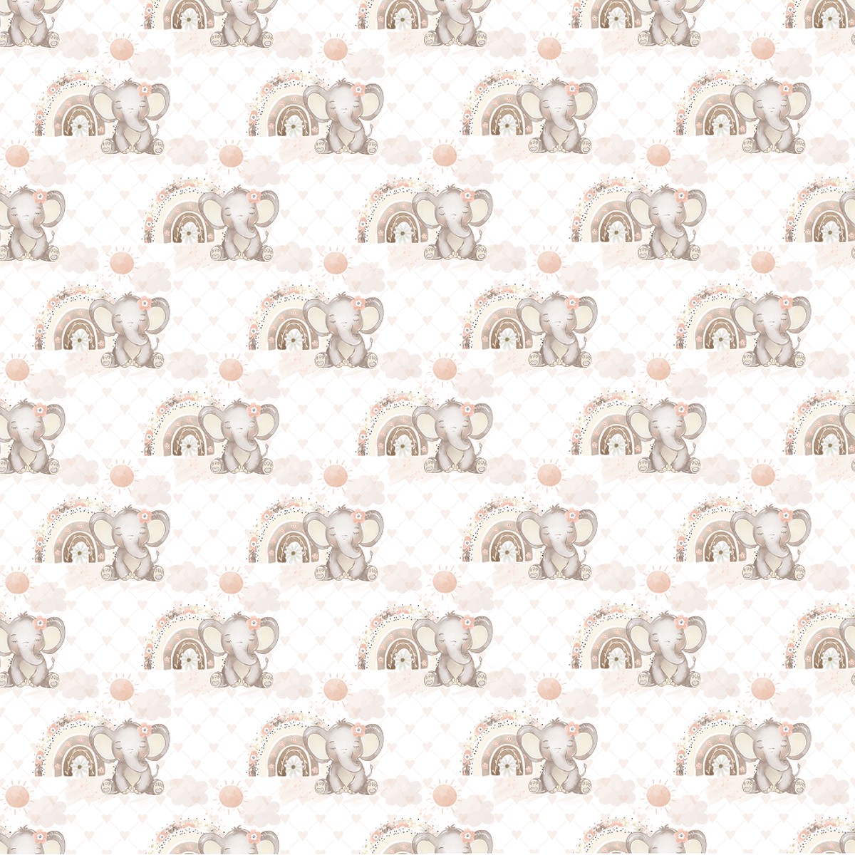 Baby Elephants With Rainbows Hearts Fabric - White