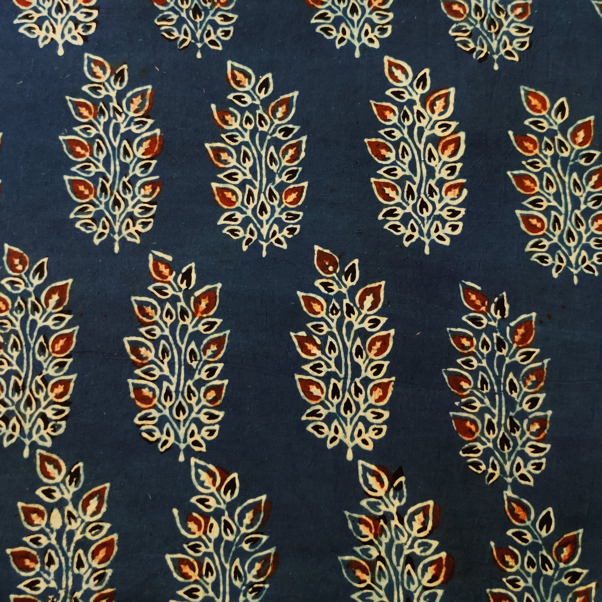 Pure Cotton Ajrak Blue With Rust Leafy Plant Hand Block Print
