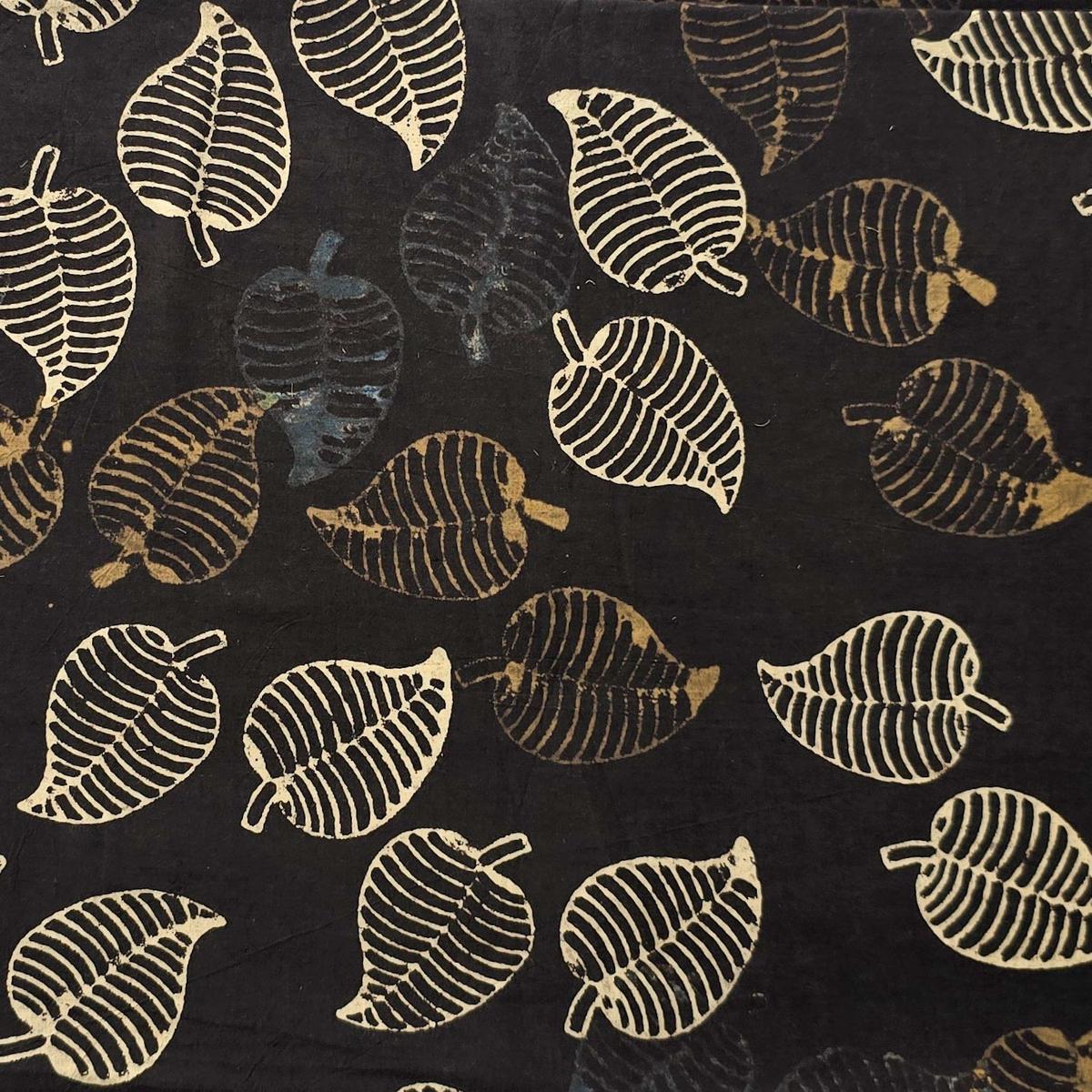 Pure Cotton Ajrak Dark Brown With Cream And Brown Leaves Motif Hand Block Print Fabric