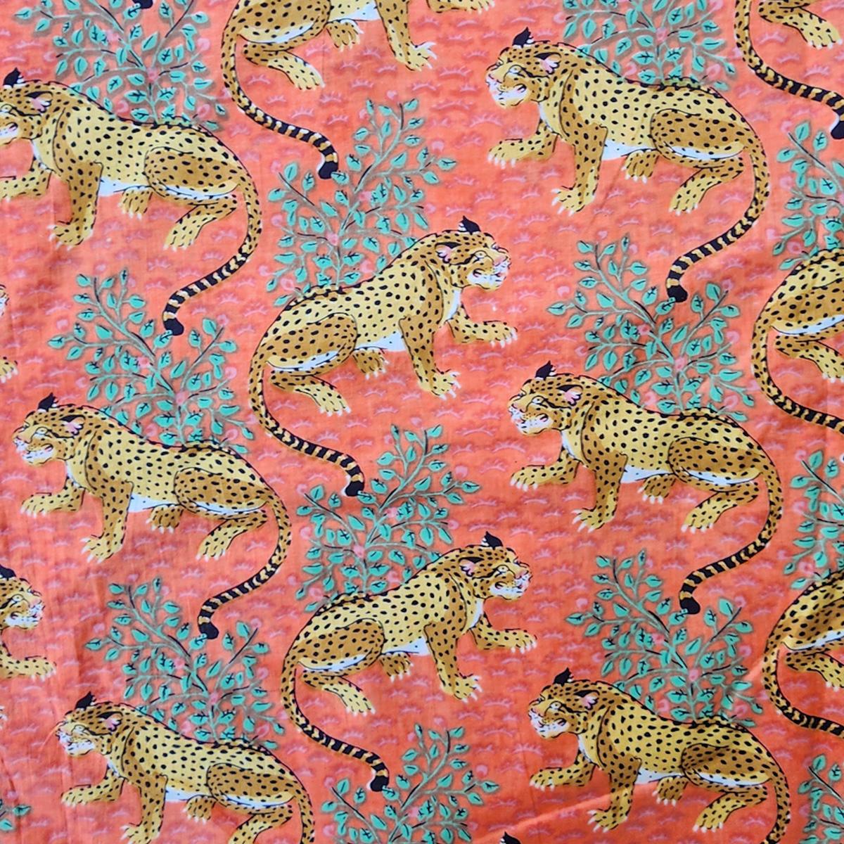 Pure Cotton Pinkish Orange With Jungle Leopard Screen Print Fabric
