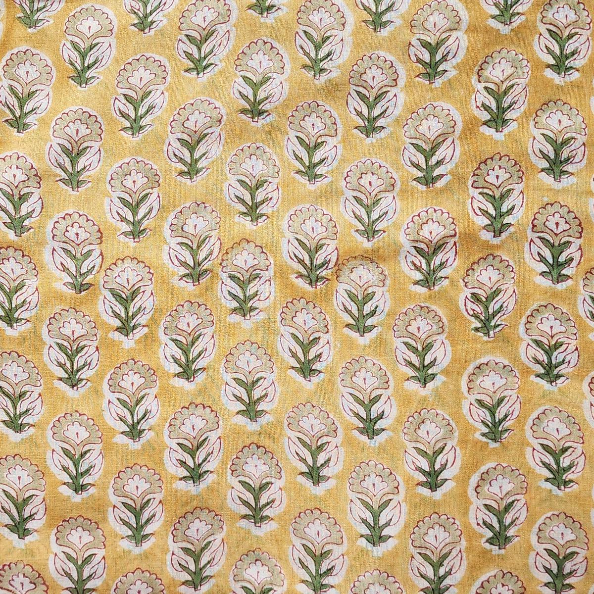 Pure Mul Cotton Jaipuri Mustard With Flower Plant Motif Hand Block Print Fabric