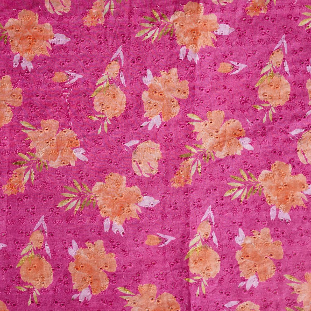 (Width 44 Inches) Pure Cotton Hakoba Dark Pink With Flower Motif Digital Print Fabric