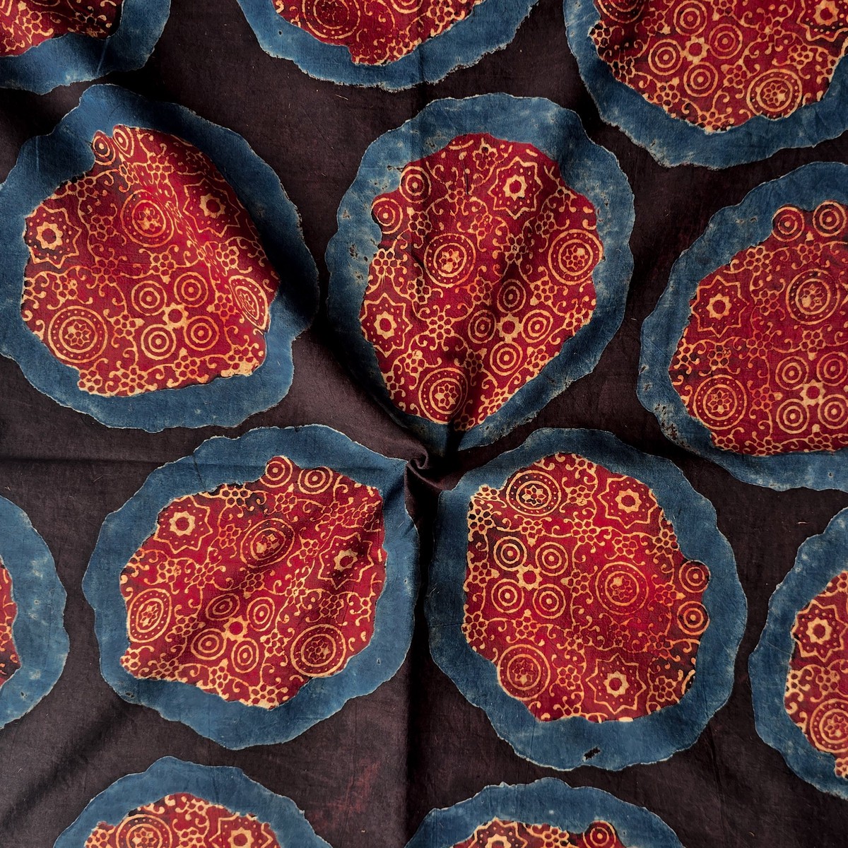 Pure Cotton Ajrak Black With Blue And Maroon Big Intricate Design Motif Hand Block Print Fabric