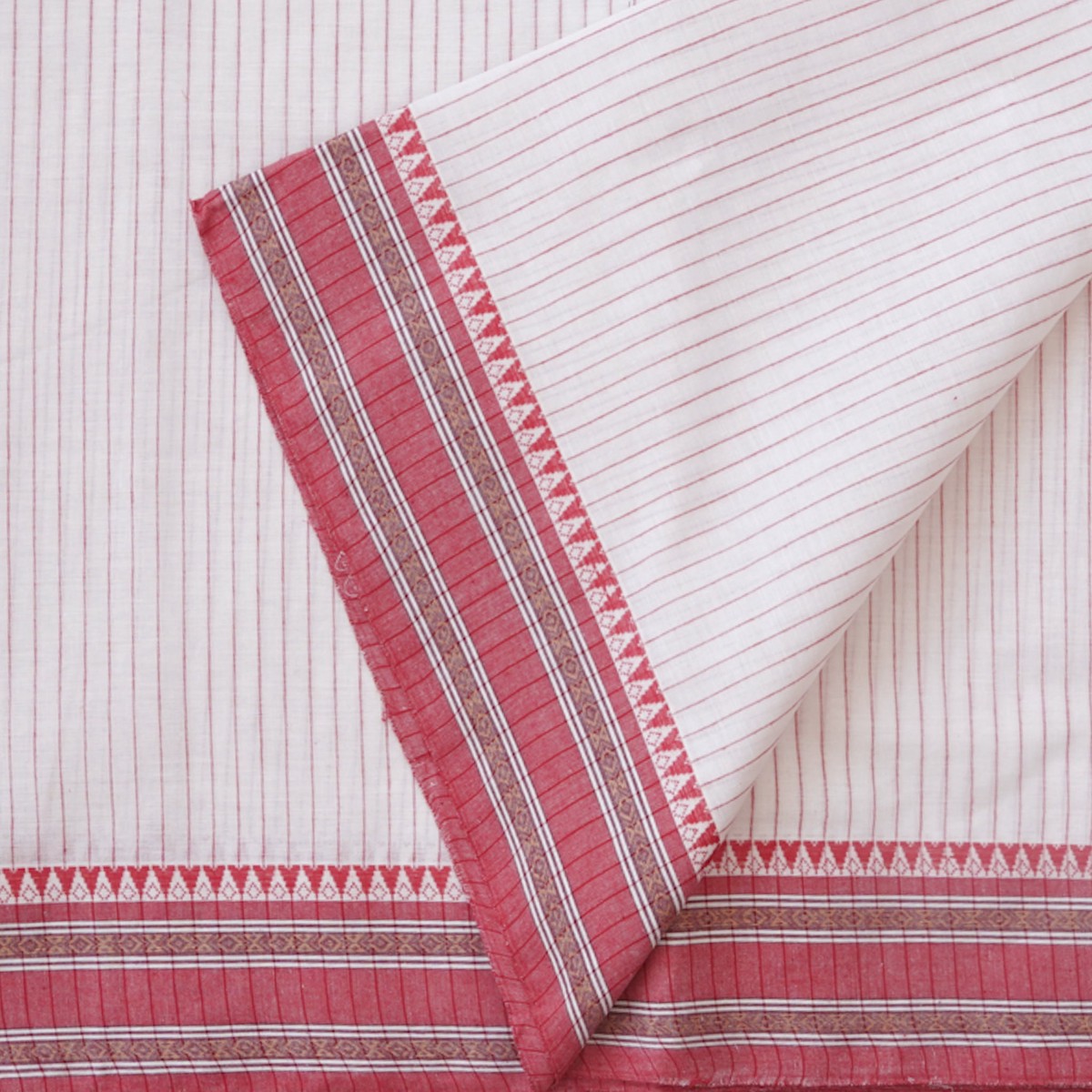 Pure Cotton Handloom Jamdani White With Red Single Line And Temple Border Design Woven Fabric