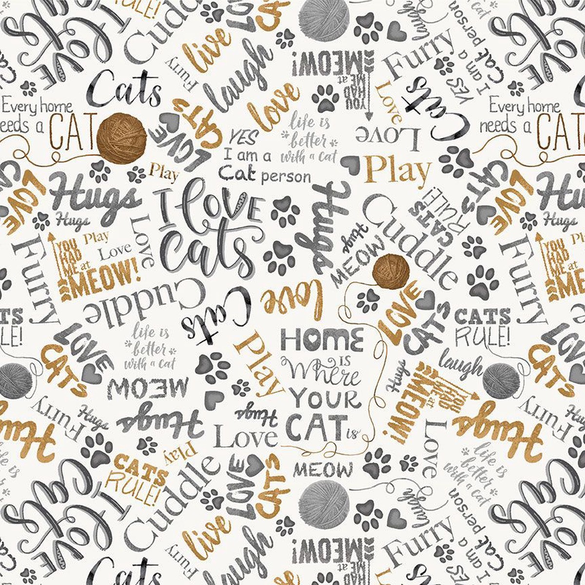 Timeless Treasures - Are You Kitten Me? CD2063 Natural Ball Of Yarn & Text By The Yard