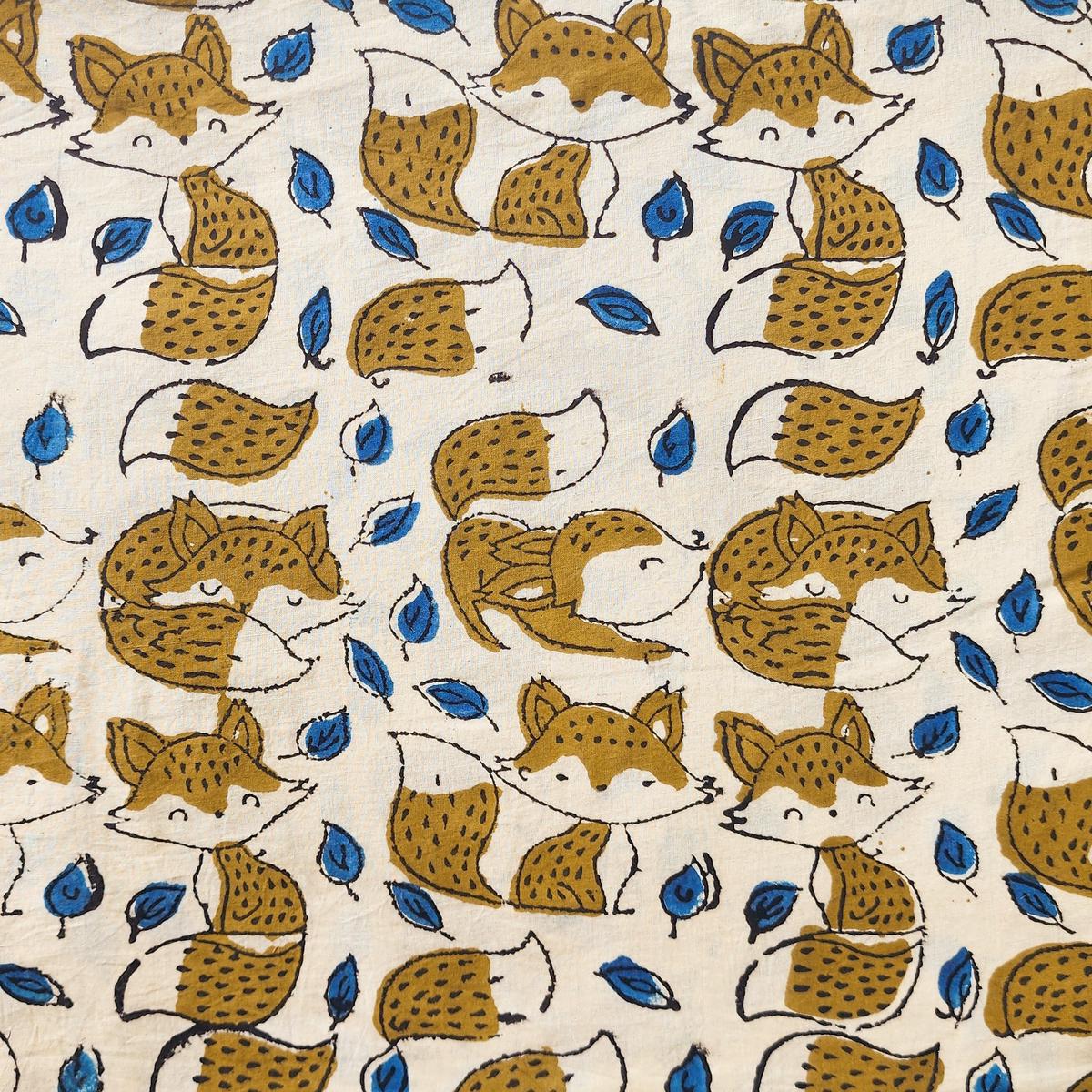Pure Cotton Bagru Cream With Cute Fox Motif Hand Block Print Fabric