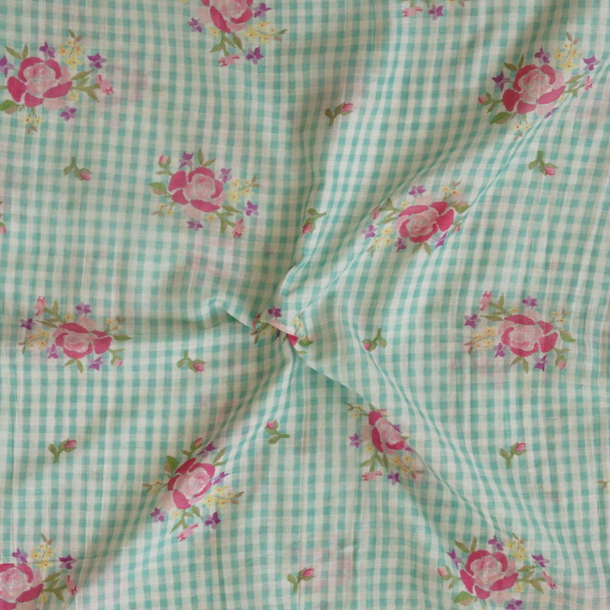 Malai Flowy Floral Light Blue Checks With Pink Rose Digital Print Fabric