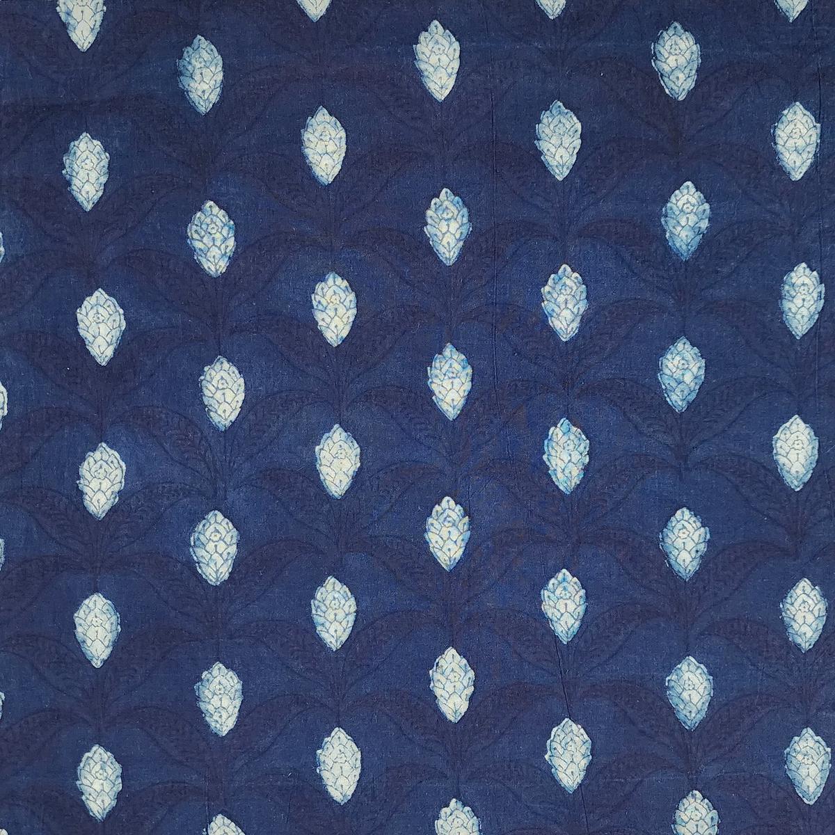 Pure Cotton Akola Indigo Flower Buds Creeper Hand Block Print Fabric