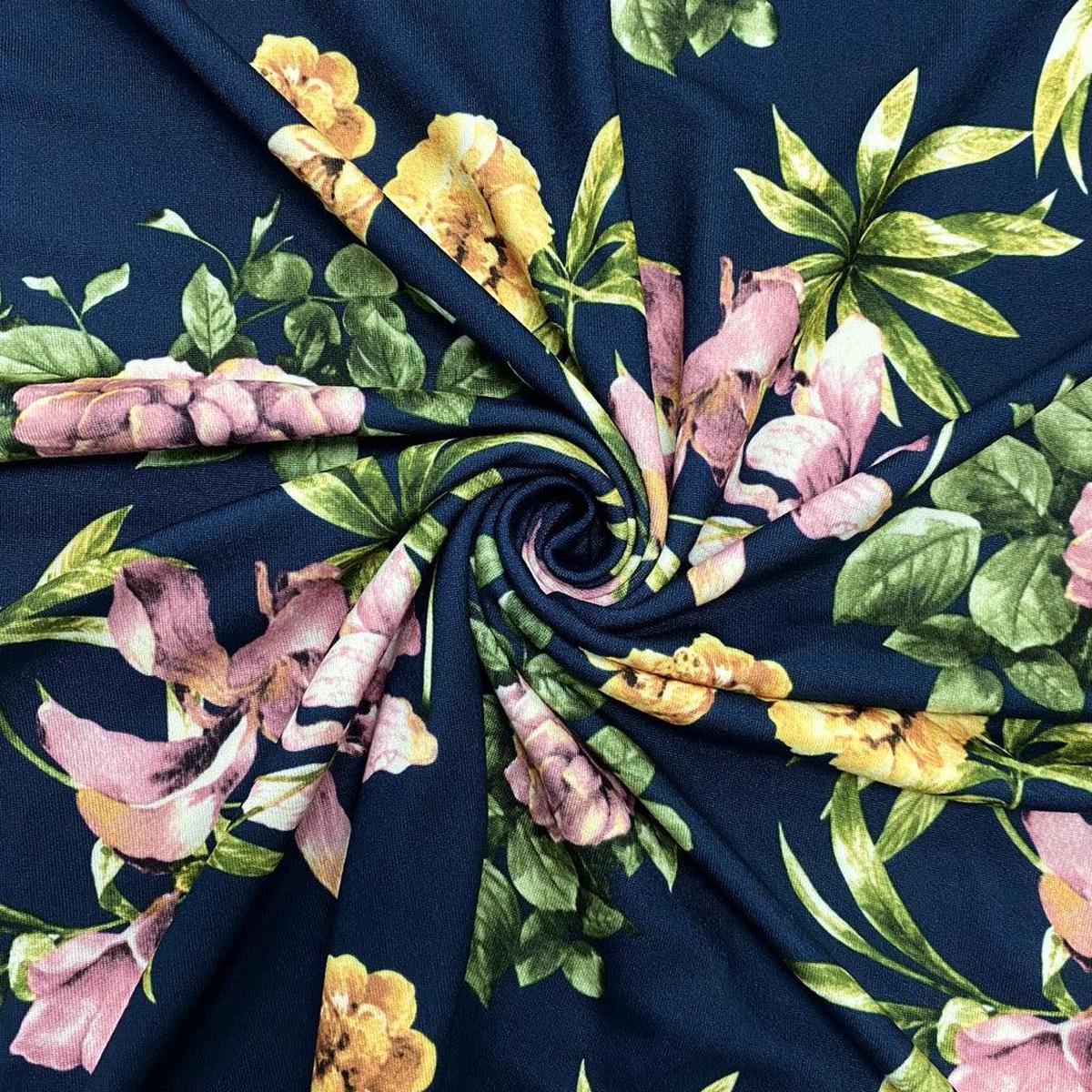 Yellow and Purple Floral on Navy Soft Knit Fabric - 2m Pre-cut