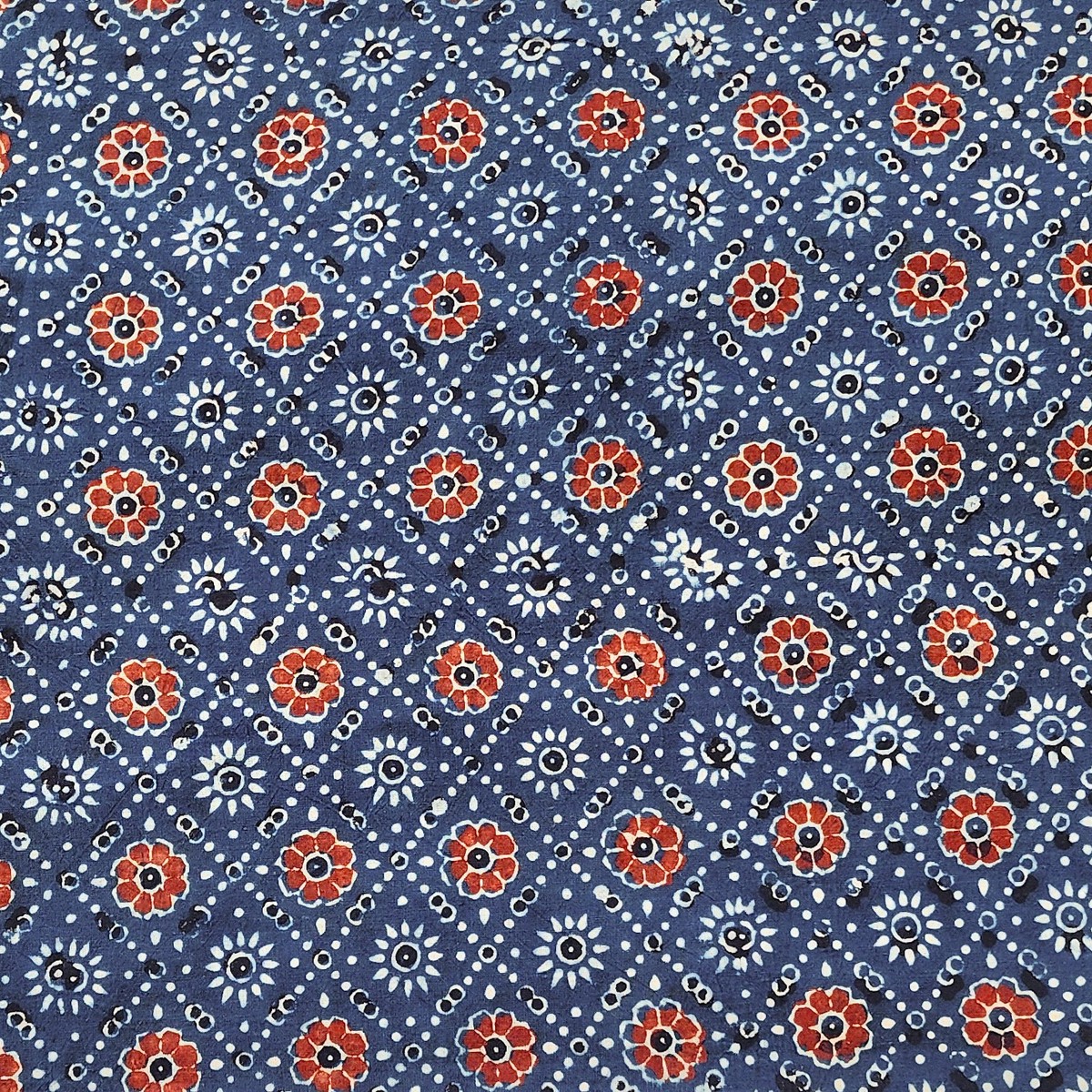 Pure Cotton Ajrak Rust Blue With Red Diagonal Mesh Flowers Motifs Hand Block Print Fabric