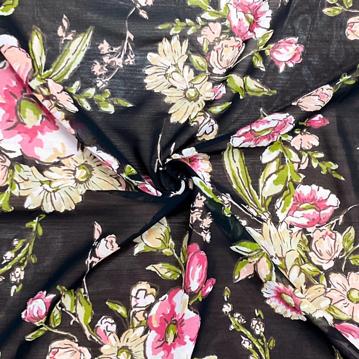 3 1/8 YD PC-Black-Green-Multi Poly Floral Printed Chiffon Woven Fabric