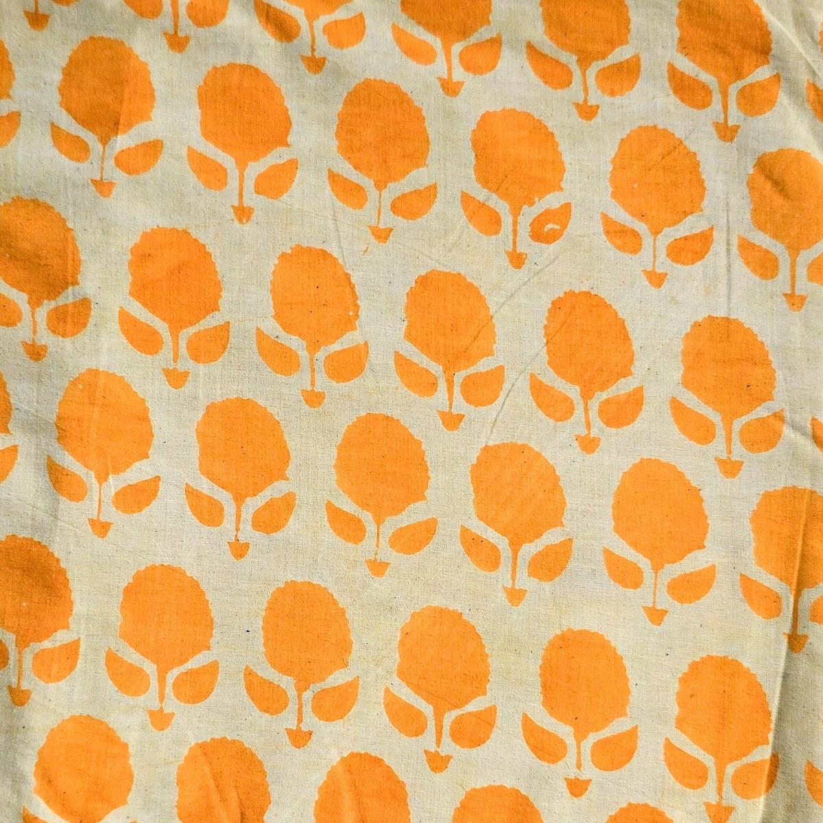 Pure Cotton Dabu Cream With Orange Flower Bud Hand Block Print Fabric
