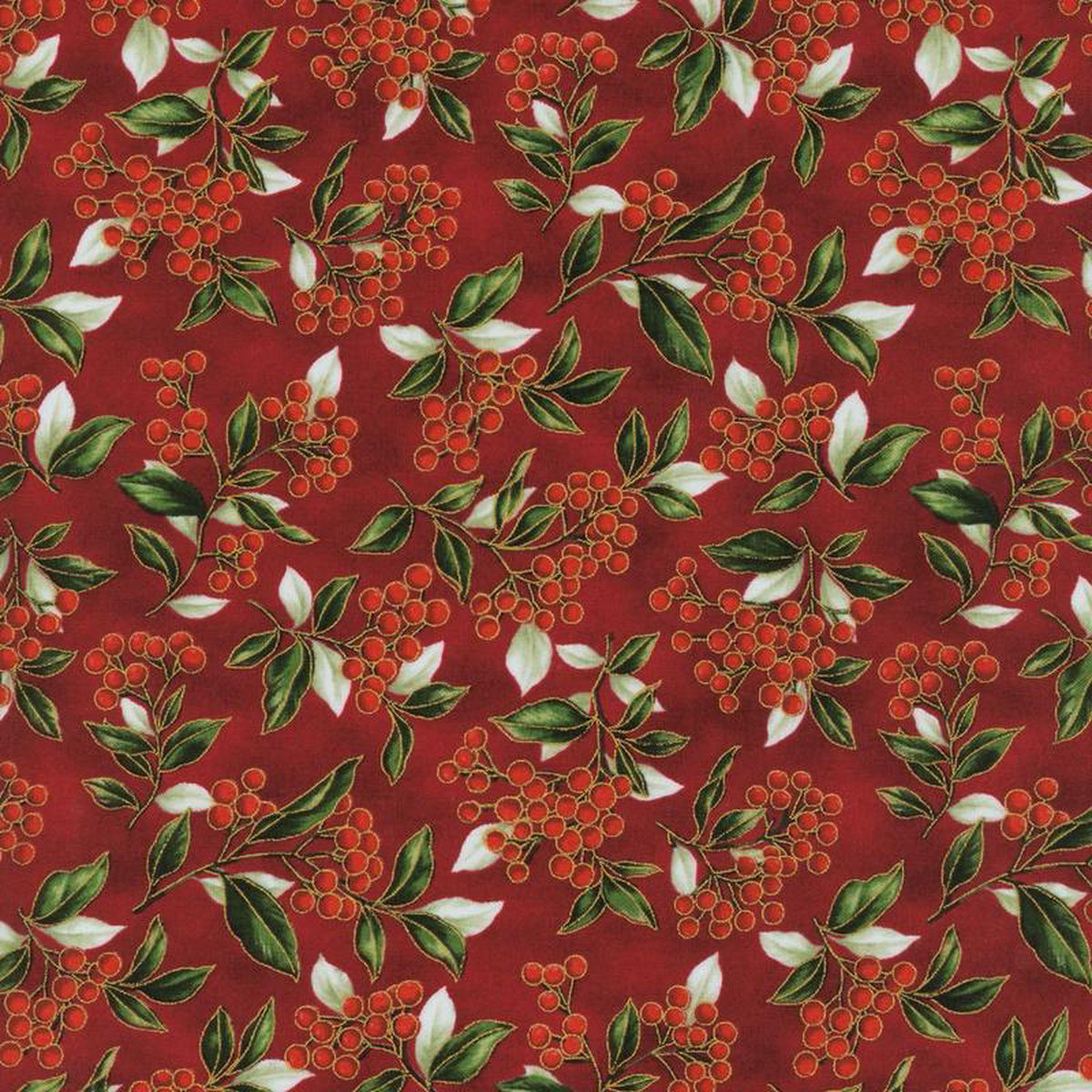 Fabric Hoffman Scarlet Gold Winterberries Blooming Holidays by the Quarter Yard 78G
