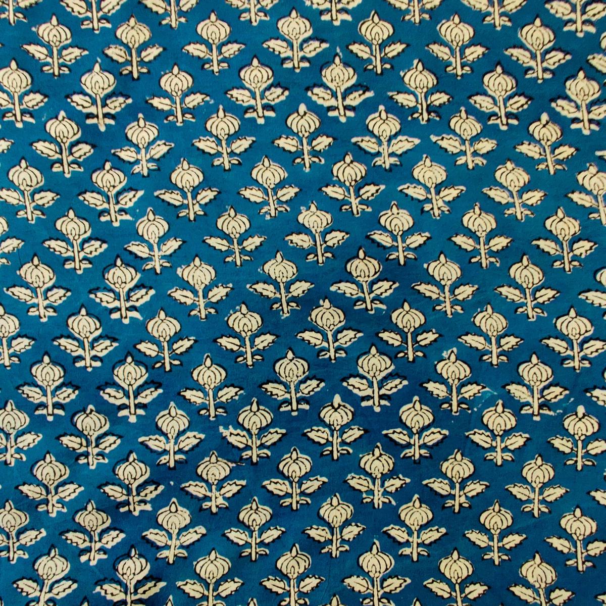 Pure Cotton Bagru Blue With Tiny Bud Plant Motif Hand Block Print Fabric