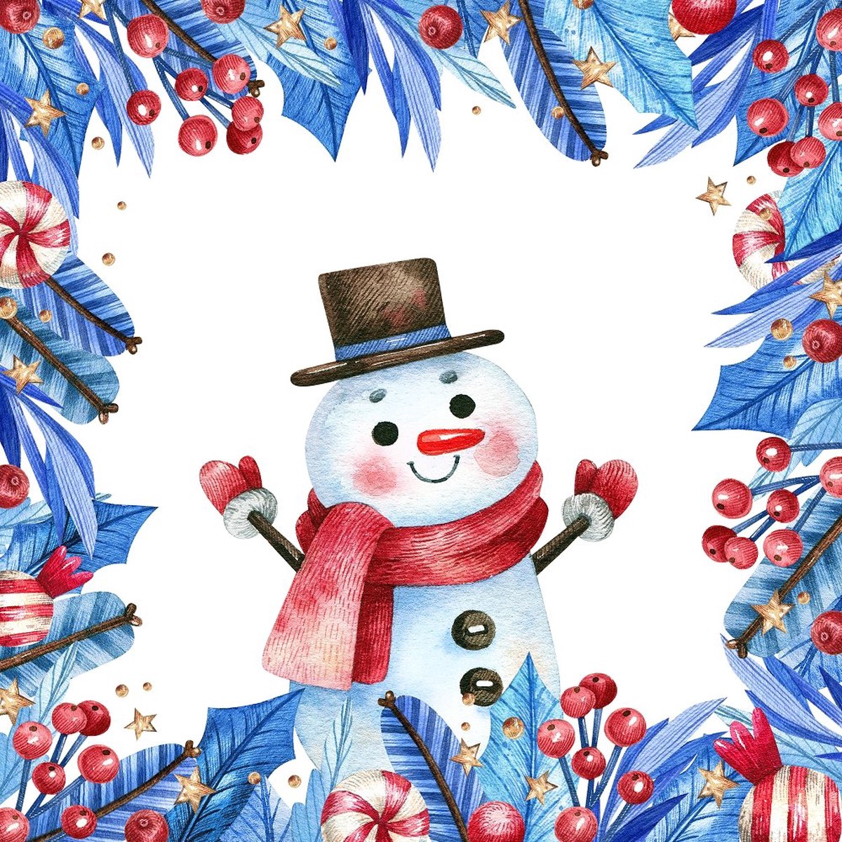 Snowman in a Framed Wreath Fabric Panel - Blue