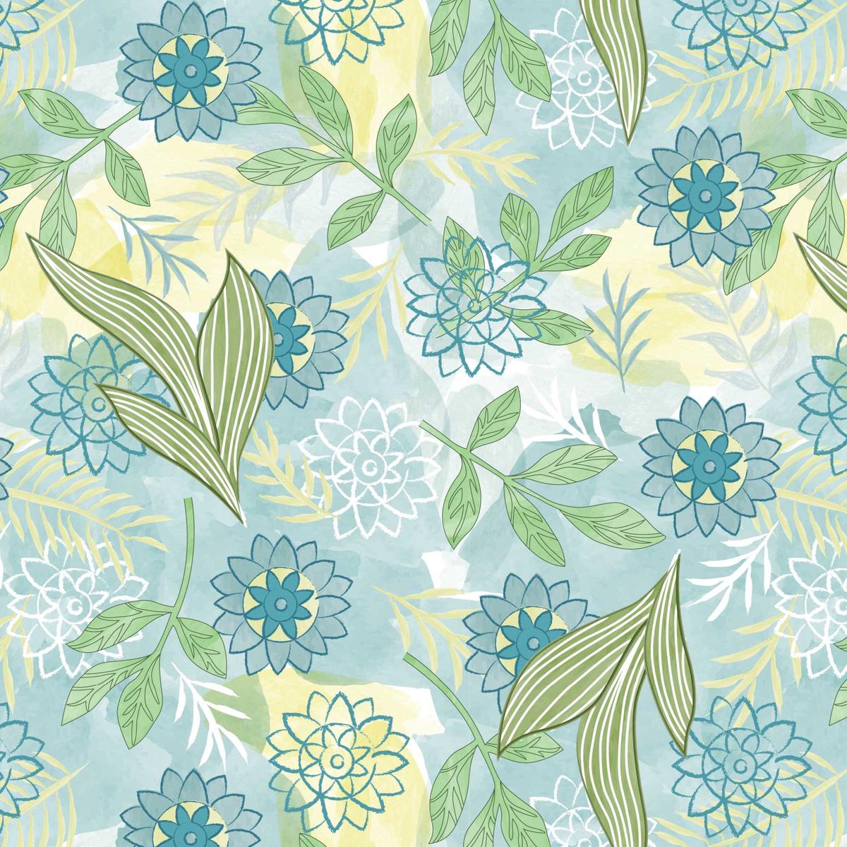 Elephant Festival Organic Cotton Fabric, Painted Flower Turq