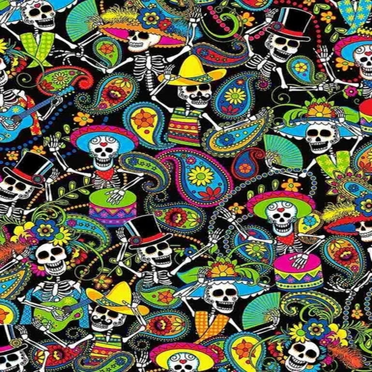 Fabric Day of Dead Skeletons on Black Cotton TIMELESS TREASURES 1/4 yard C1207