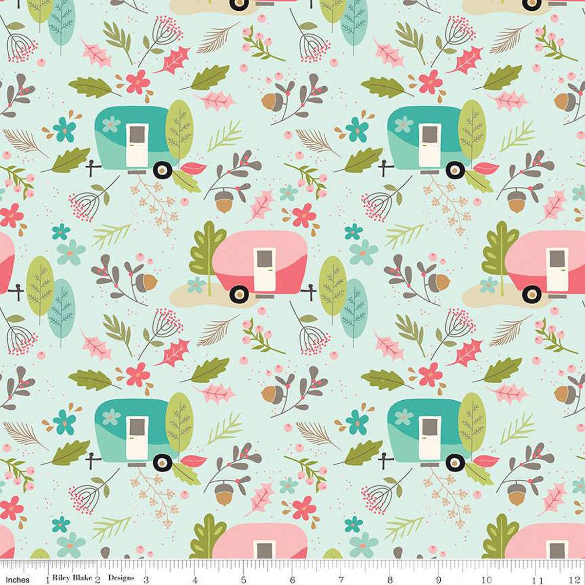 SALE FLANNEL Glamp Camp Main F12578 Mint - Riley Blake Designs - Camping Trailers Flowers Leaves - FLANNEL Cotton Fabric