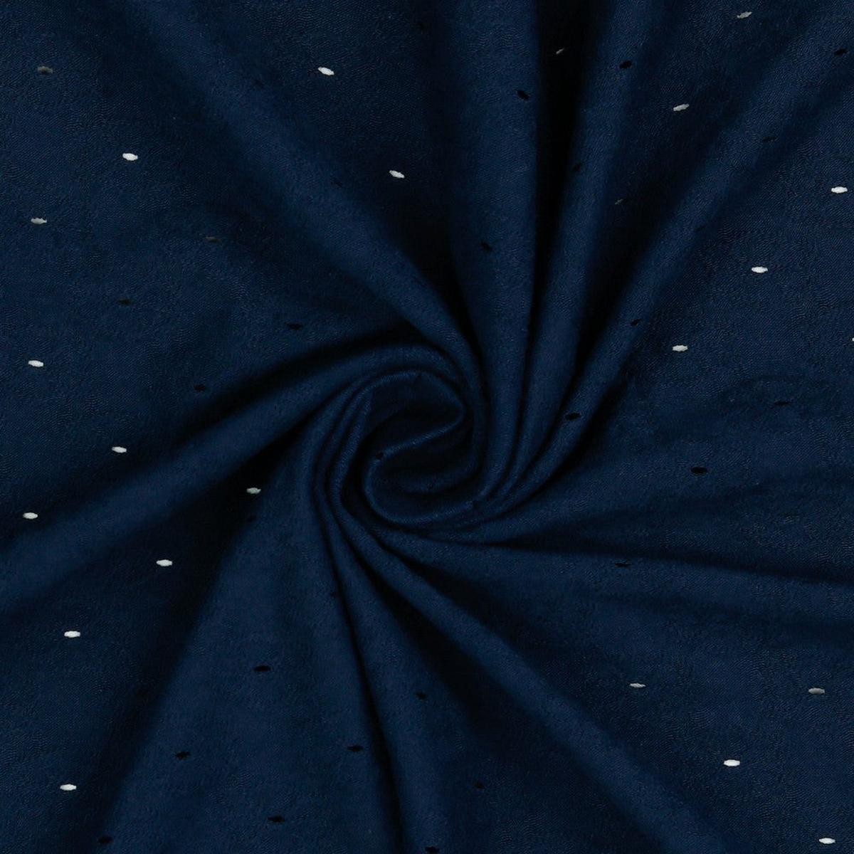 Solid navy blue knit fabric - openwork with small flowers - imitation English embroidery (price per 10cm)