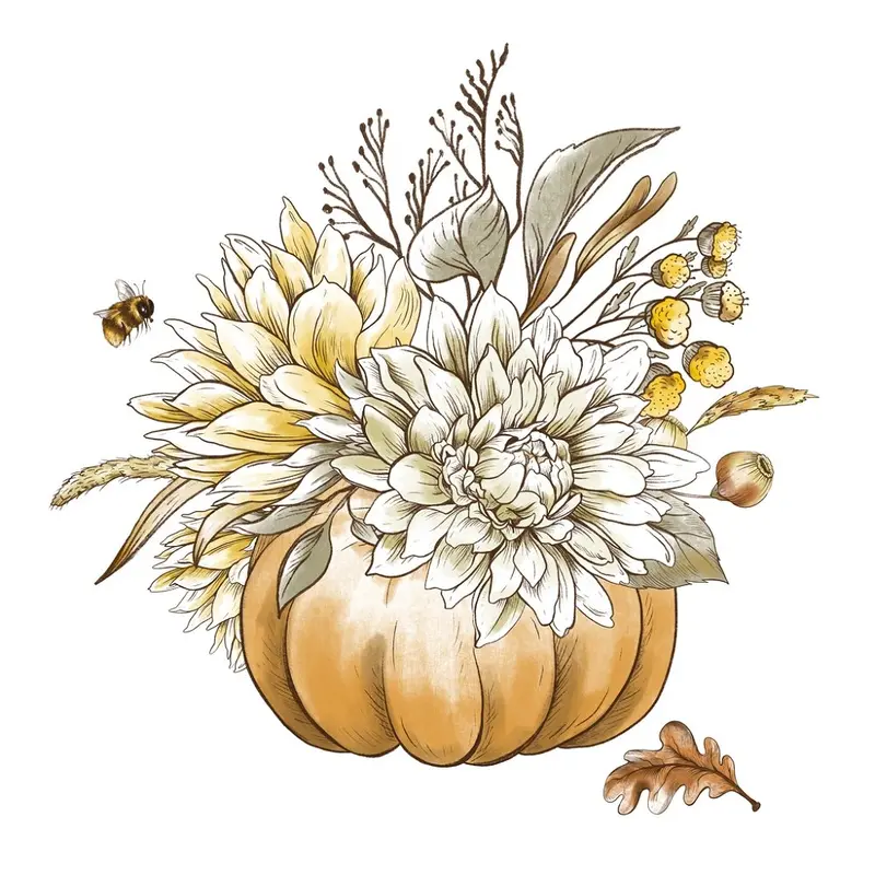 Chrysanthemums & Pumpkin Arrangement Fabric Panel