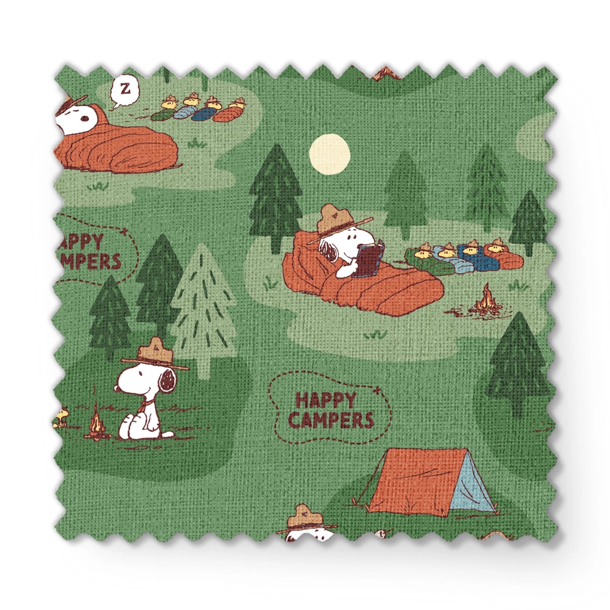 Peanuts Snoopy Camping Adventure on Green Fabric